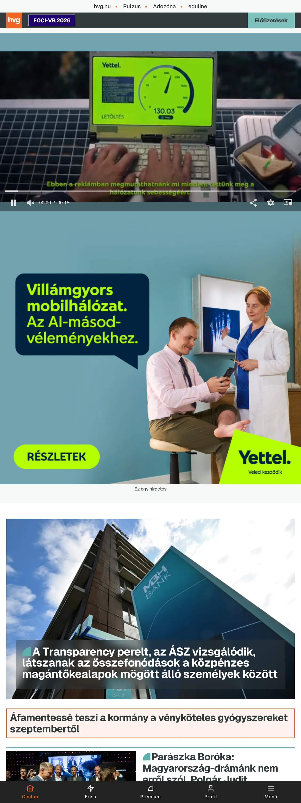 Screenshot of the HVG front page