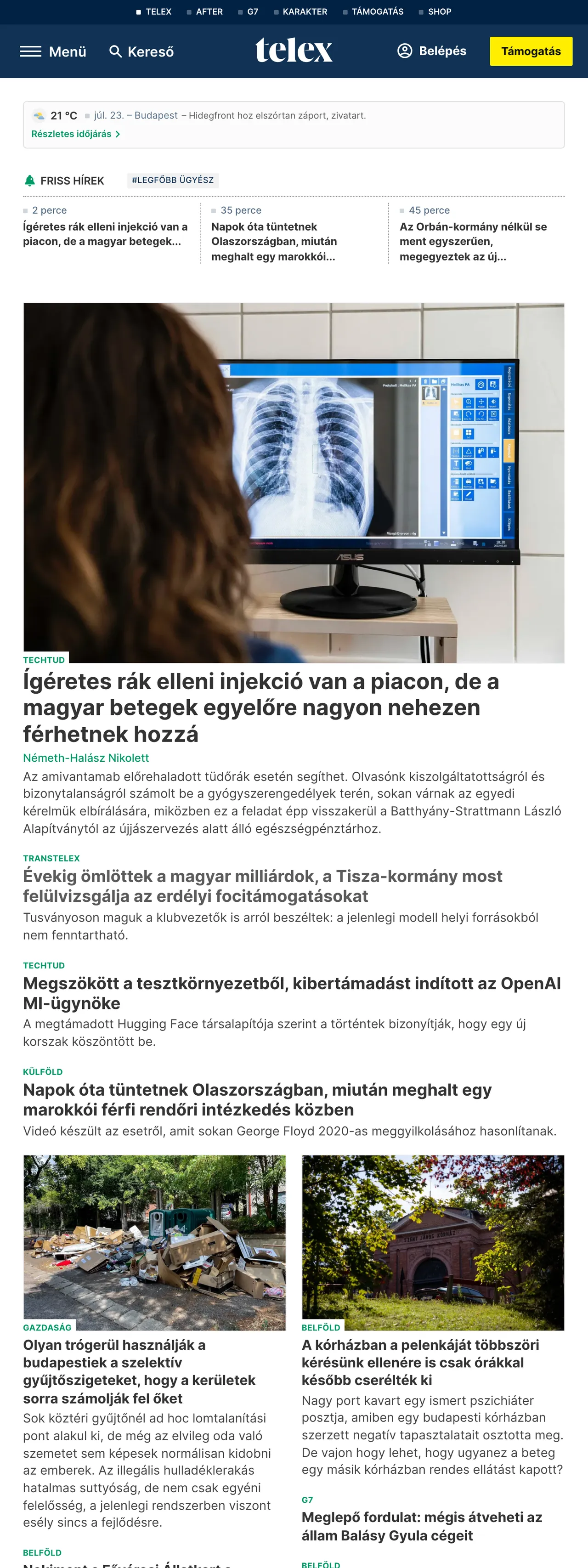 Screenshot of the Telex front page