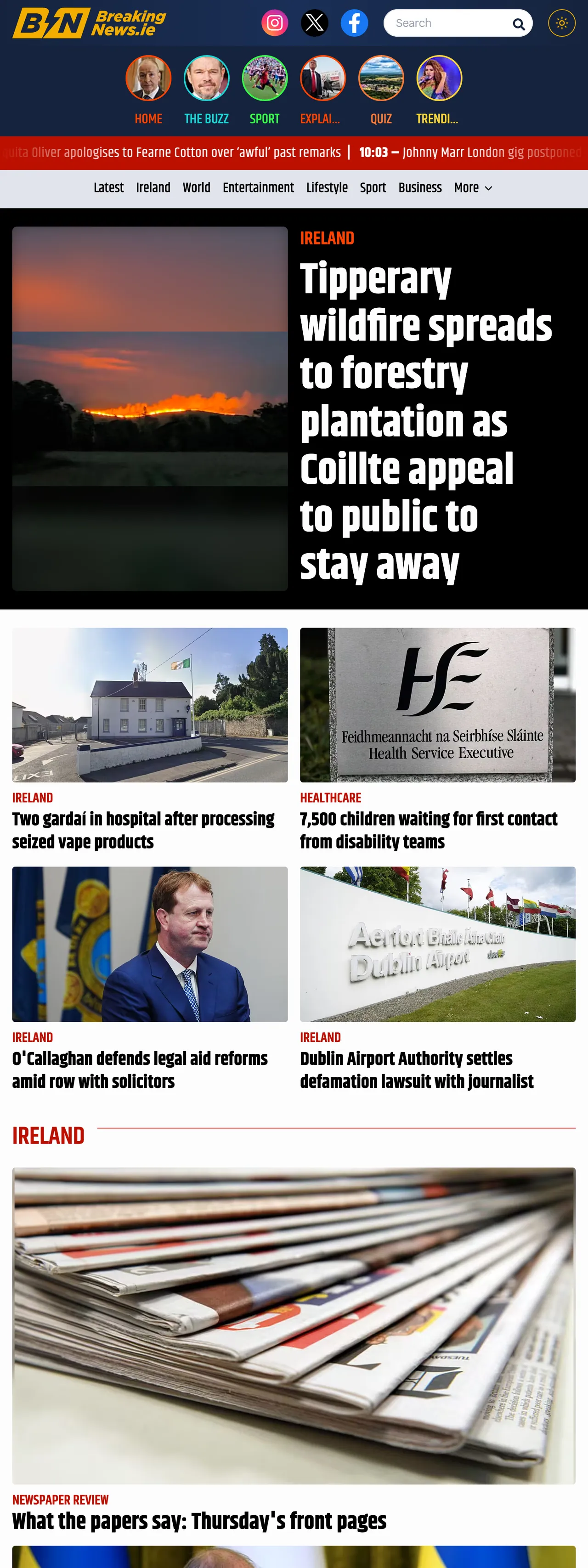 Screenshot of the BreakingNews.ie front page