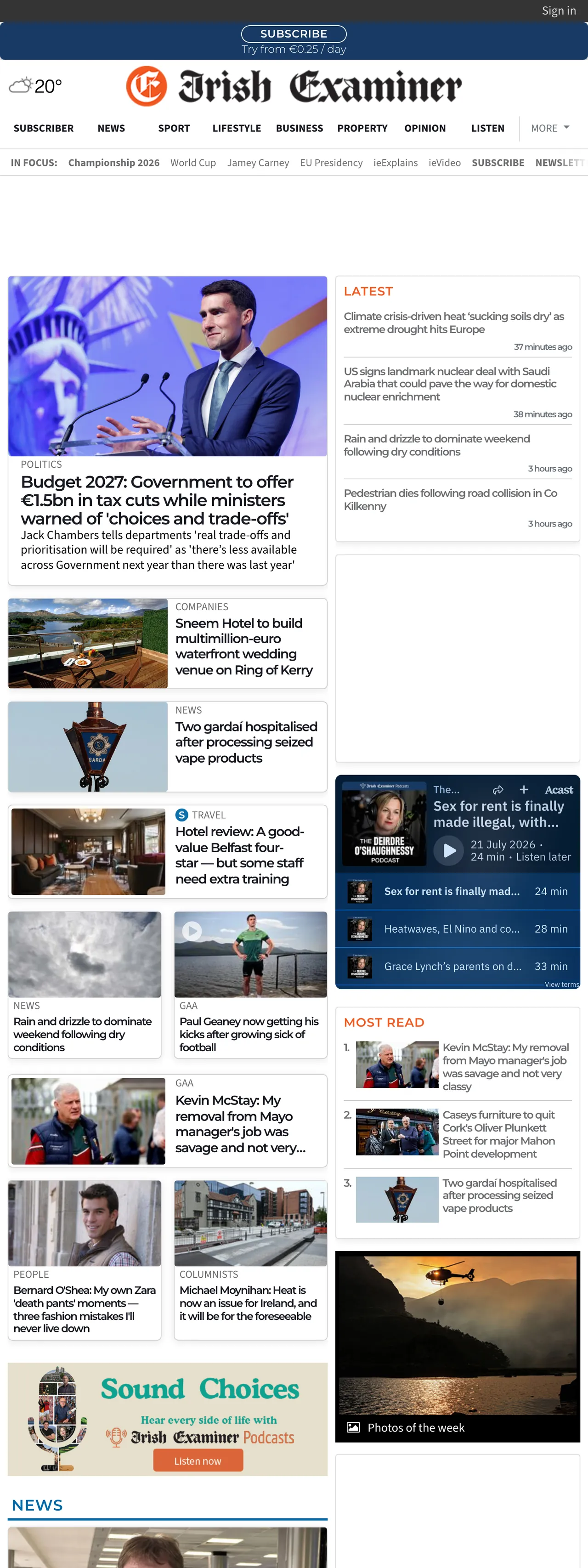 Screenshot of the Irish Examiner front page