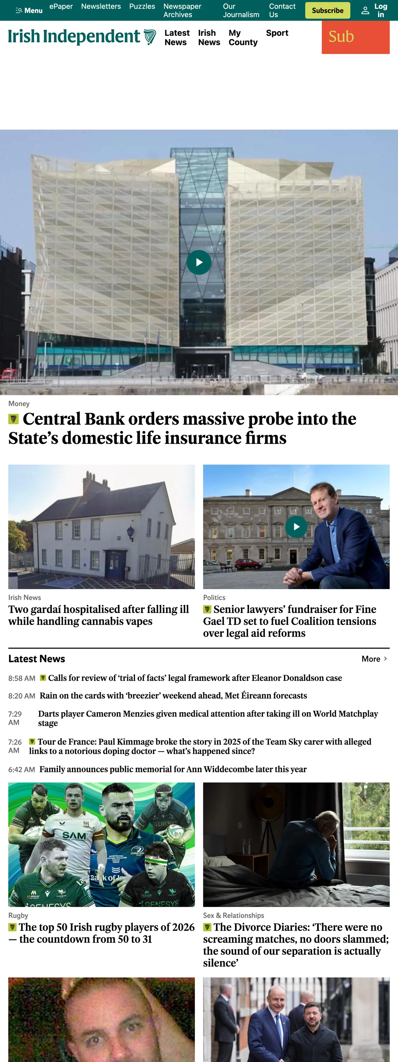 Screenshot of the Irish Independent front page