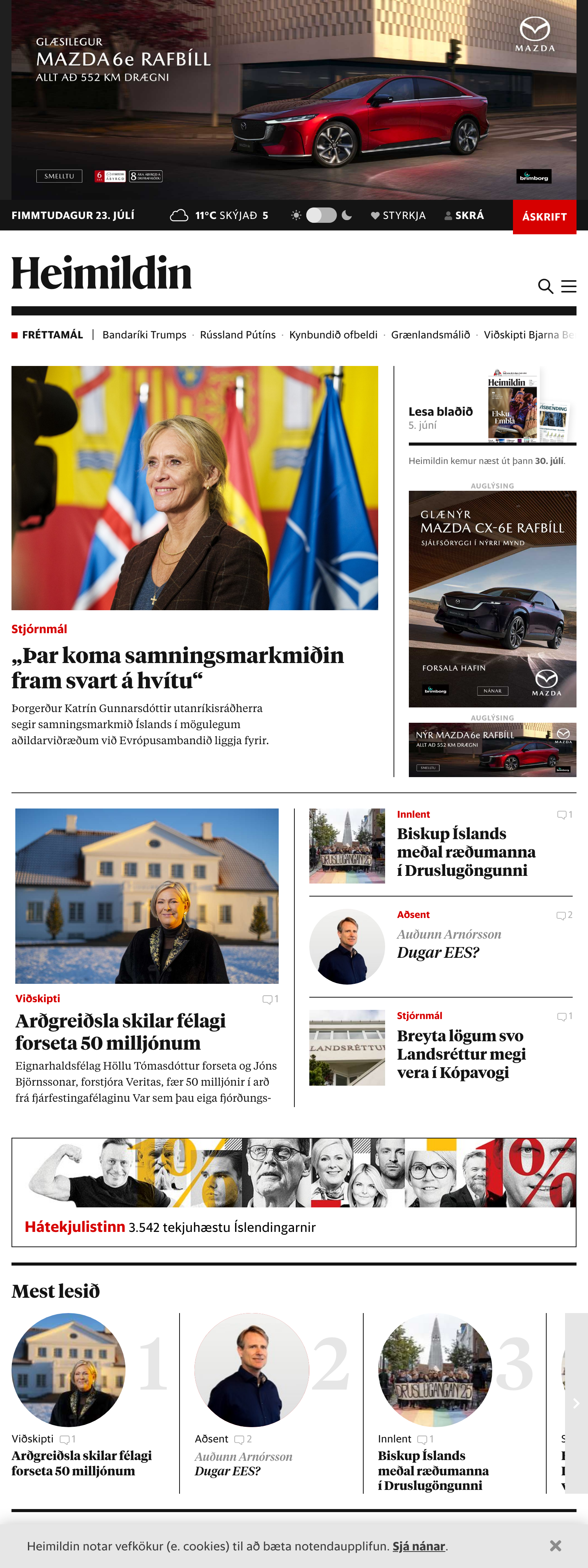 Screenshot of the Kjarninn front page