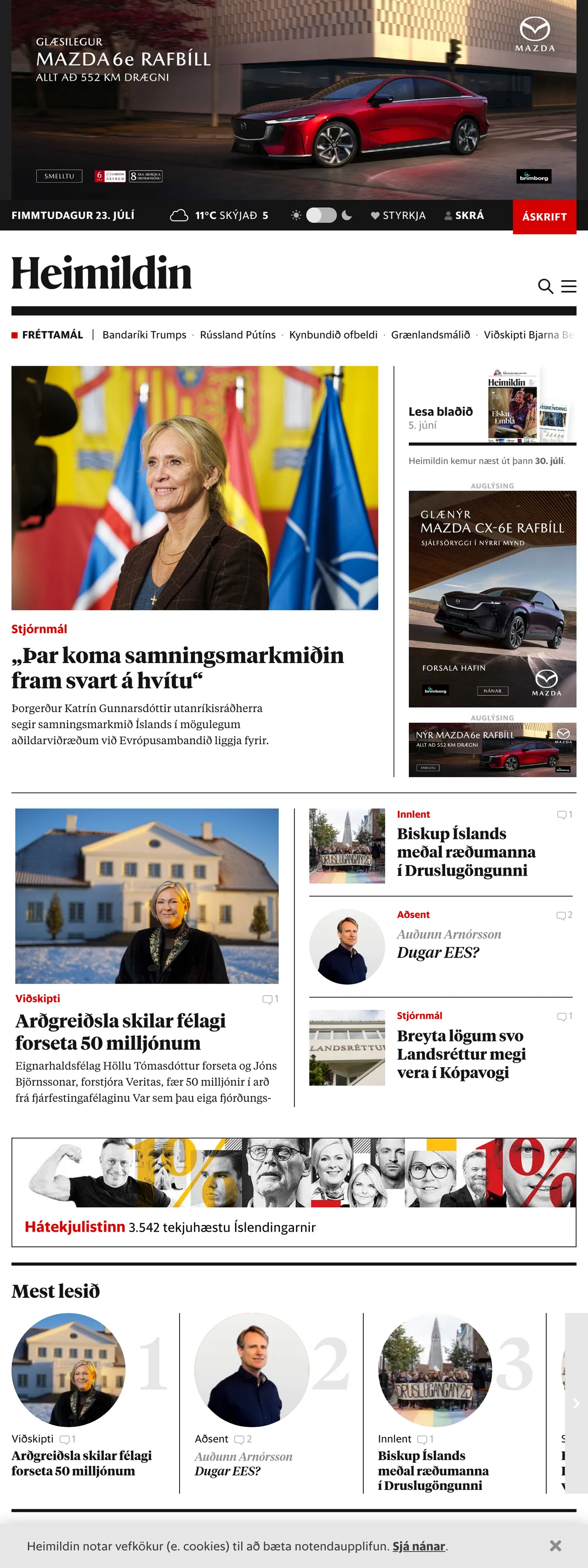 Screenshot of the Kjarninn front page