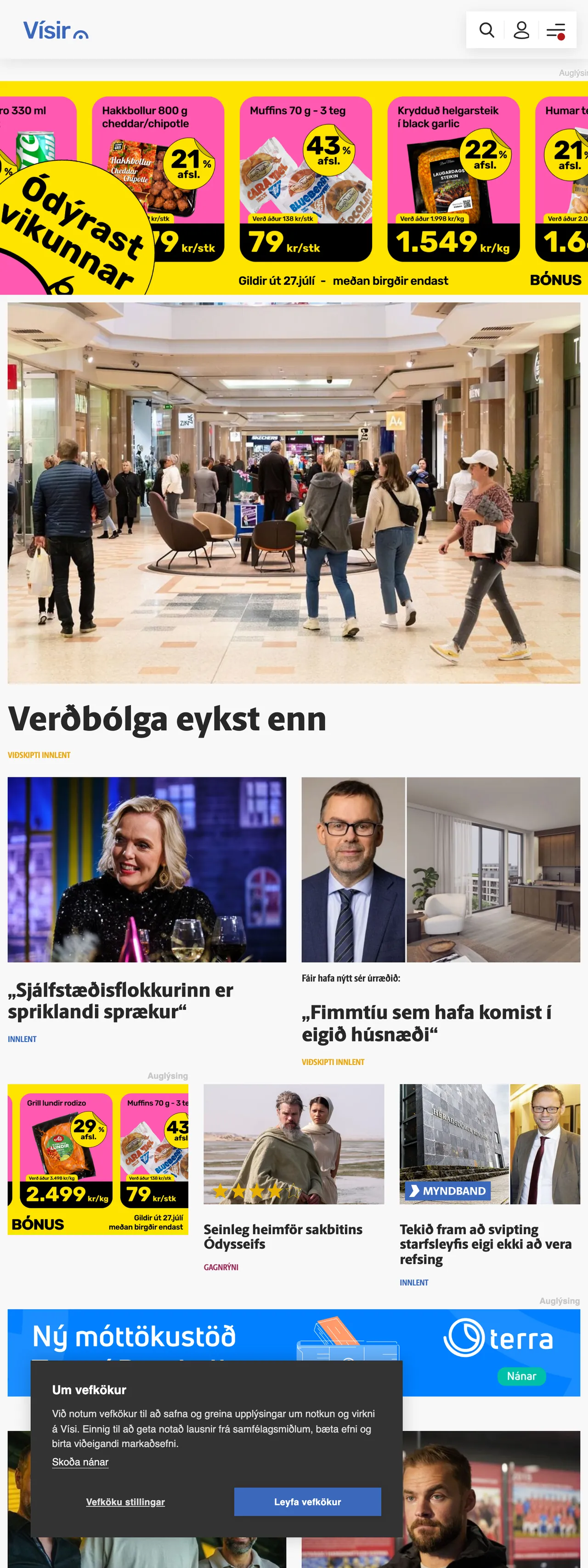 Screenshot of the Vísir front page
