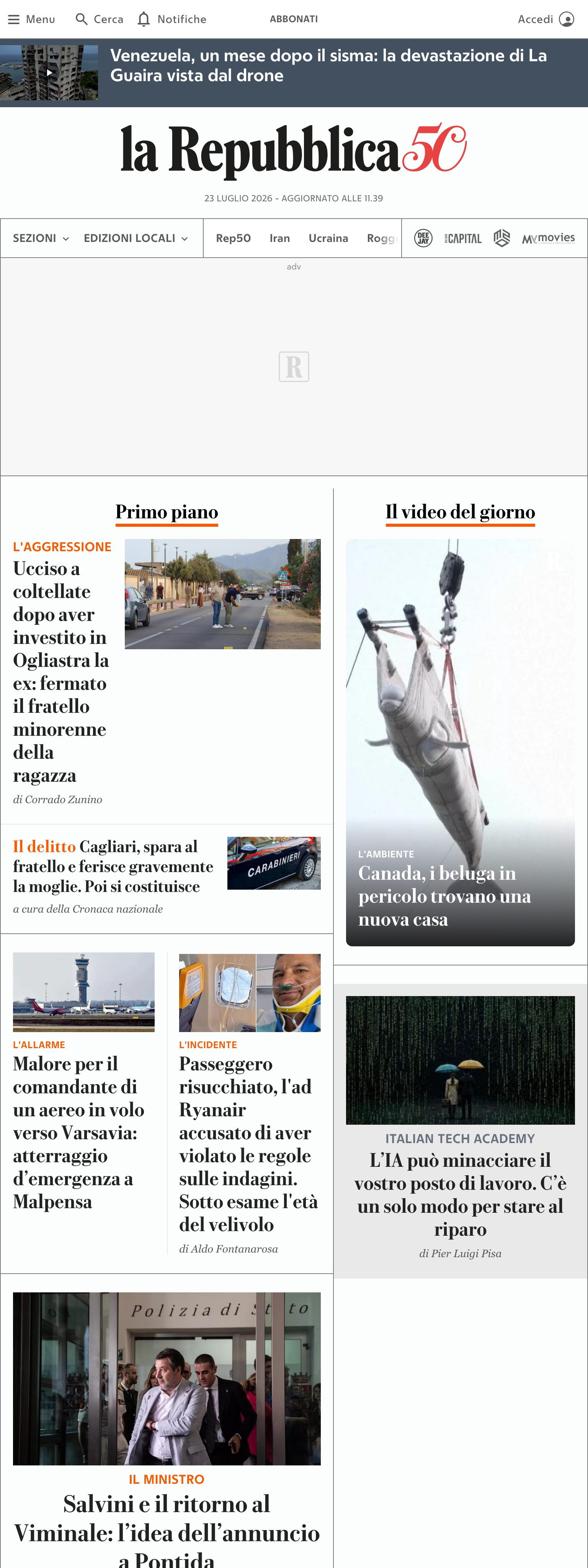 Screenshot of the la Repubblica front page