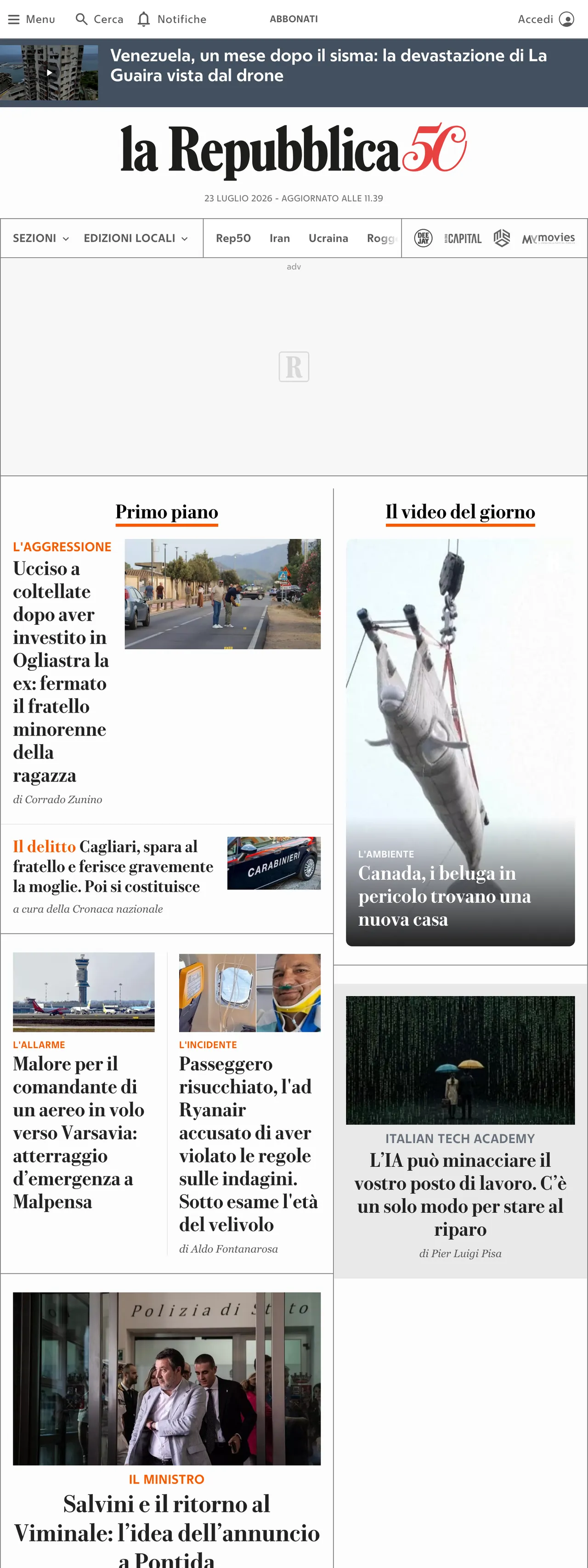 Screenshot of the la Repubblica front page