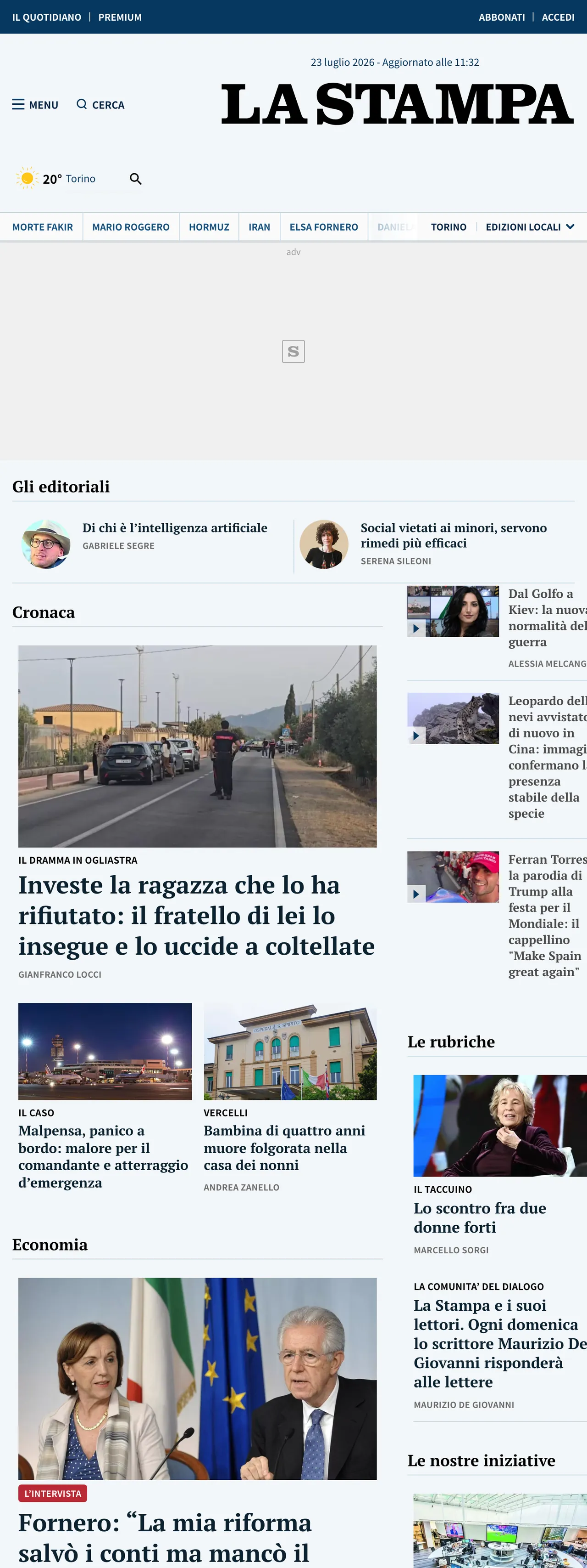 Screenshot of the La Stampa front page