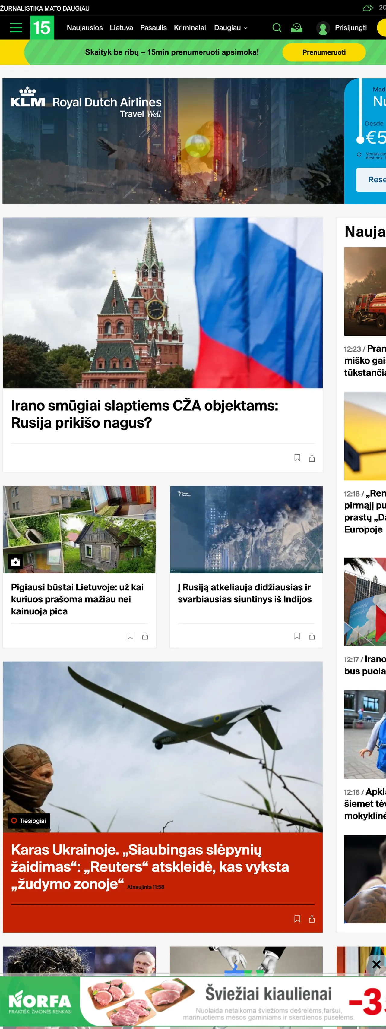 Screenshot of the 15min front page