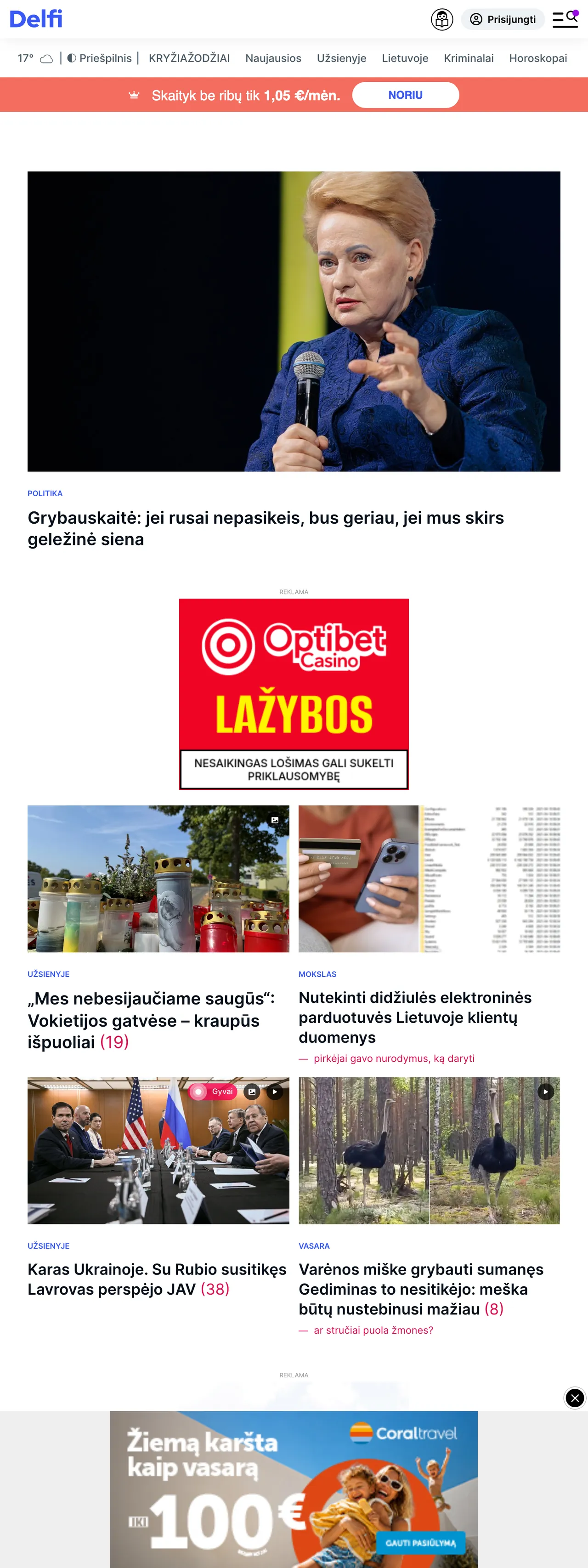 Screenshot of the Delfi front page