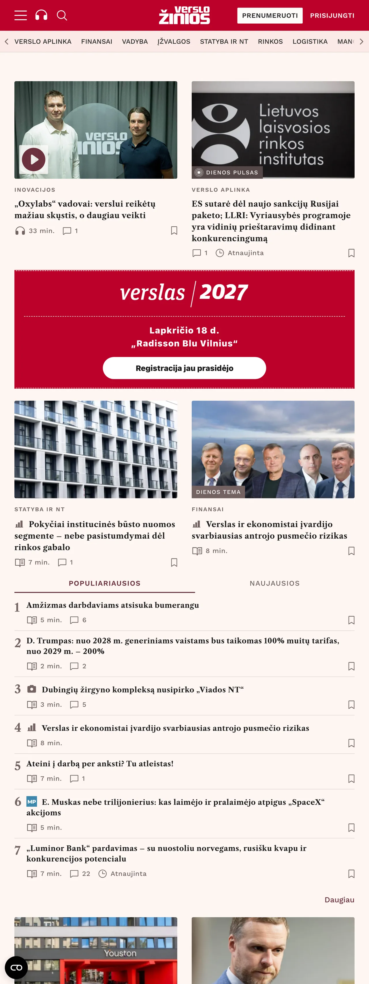 Screenshot of the Verslo žinios front page