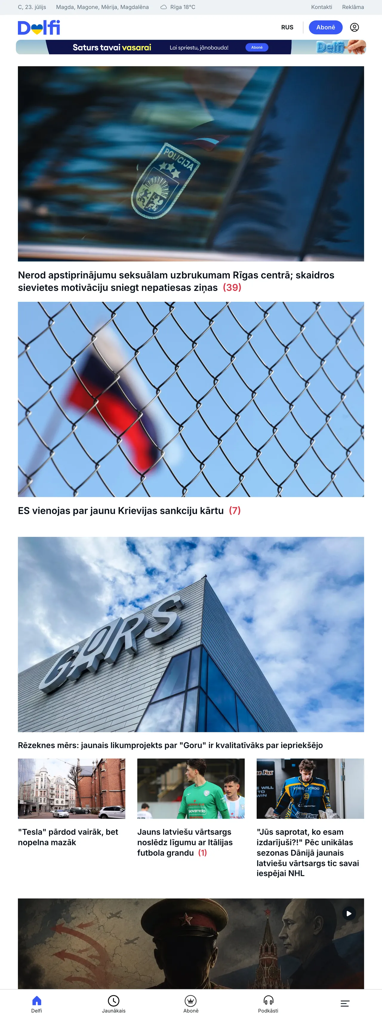 Screenshot of the Delfi front page