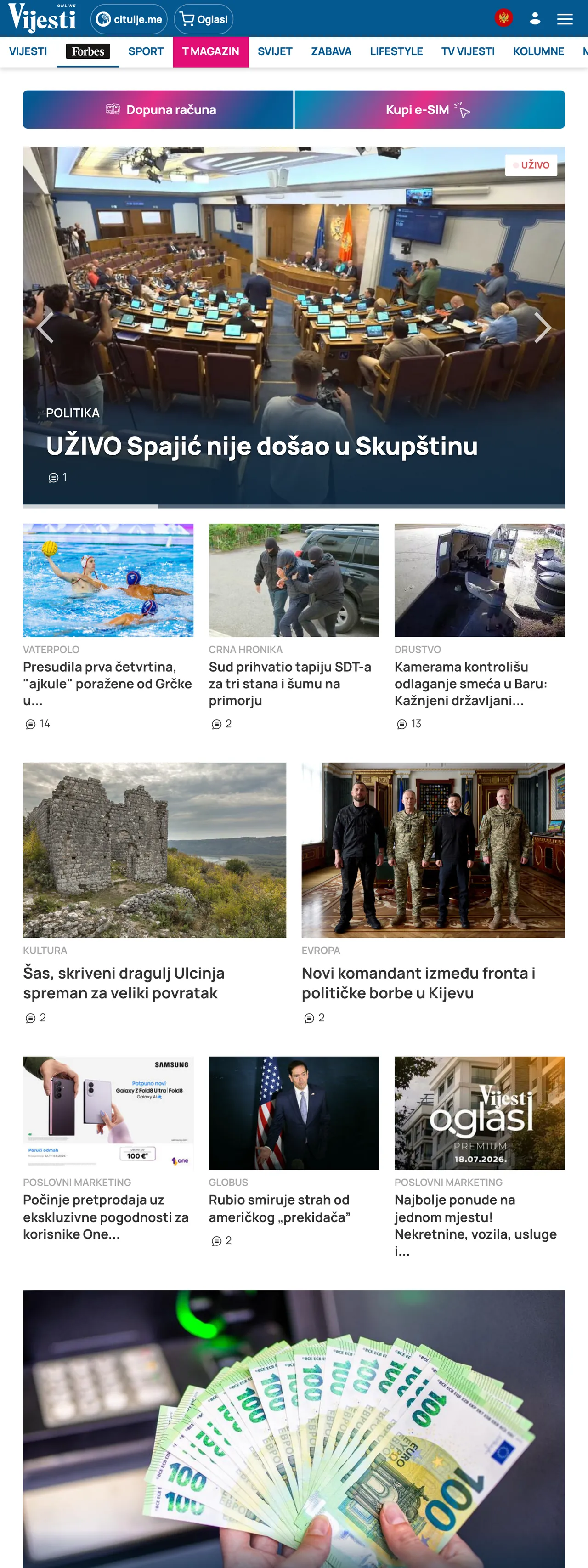 Screenshot of the Vijesti front page