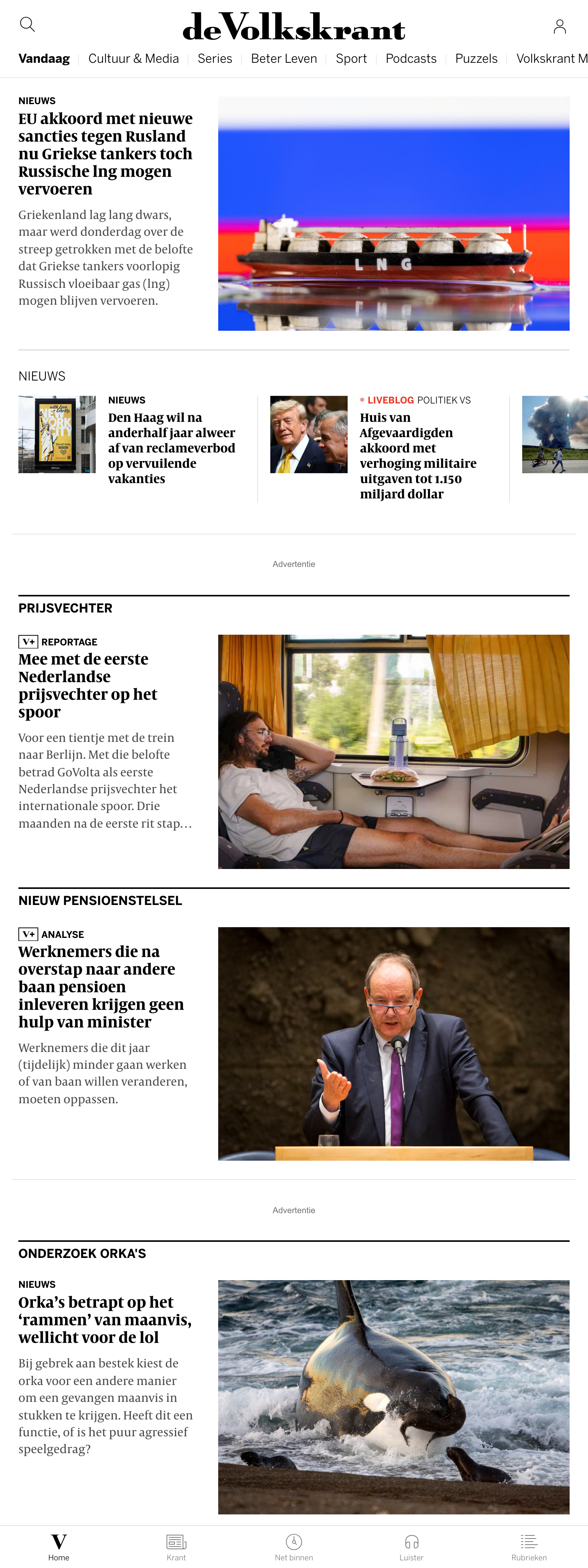 Screenshot of the de Volkskrant front page