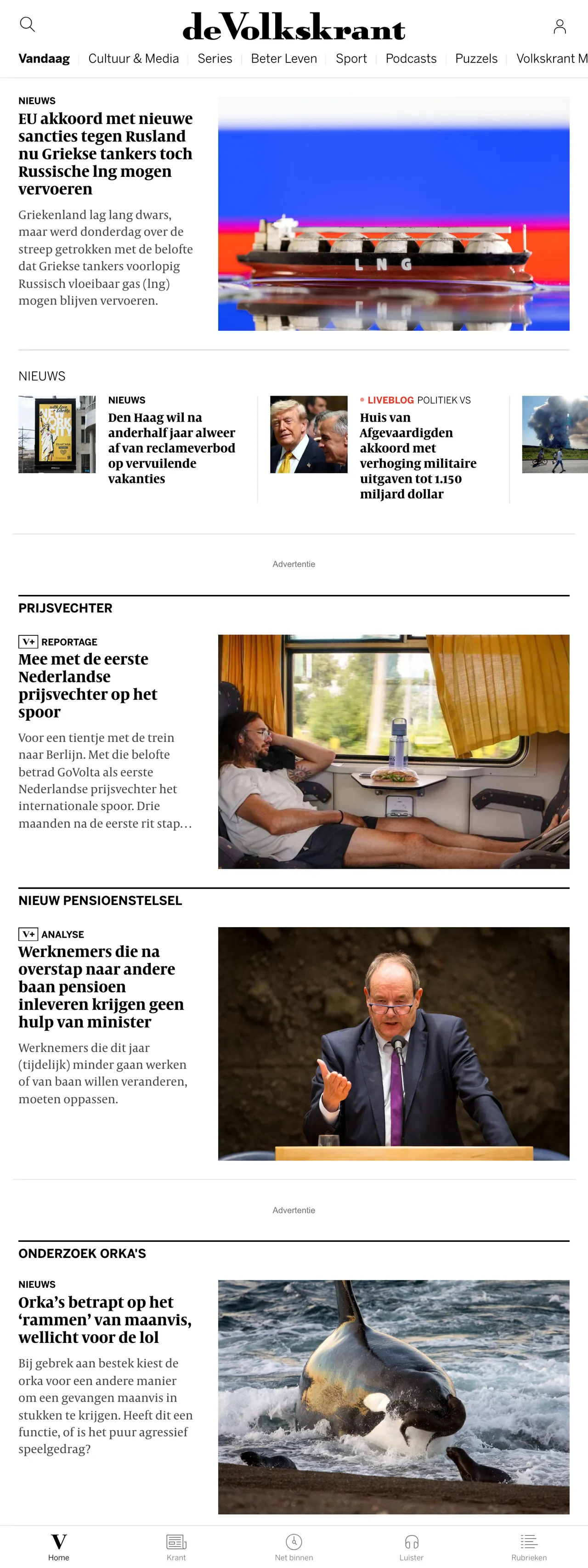 Screenshot of the de Volkskrant front page