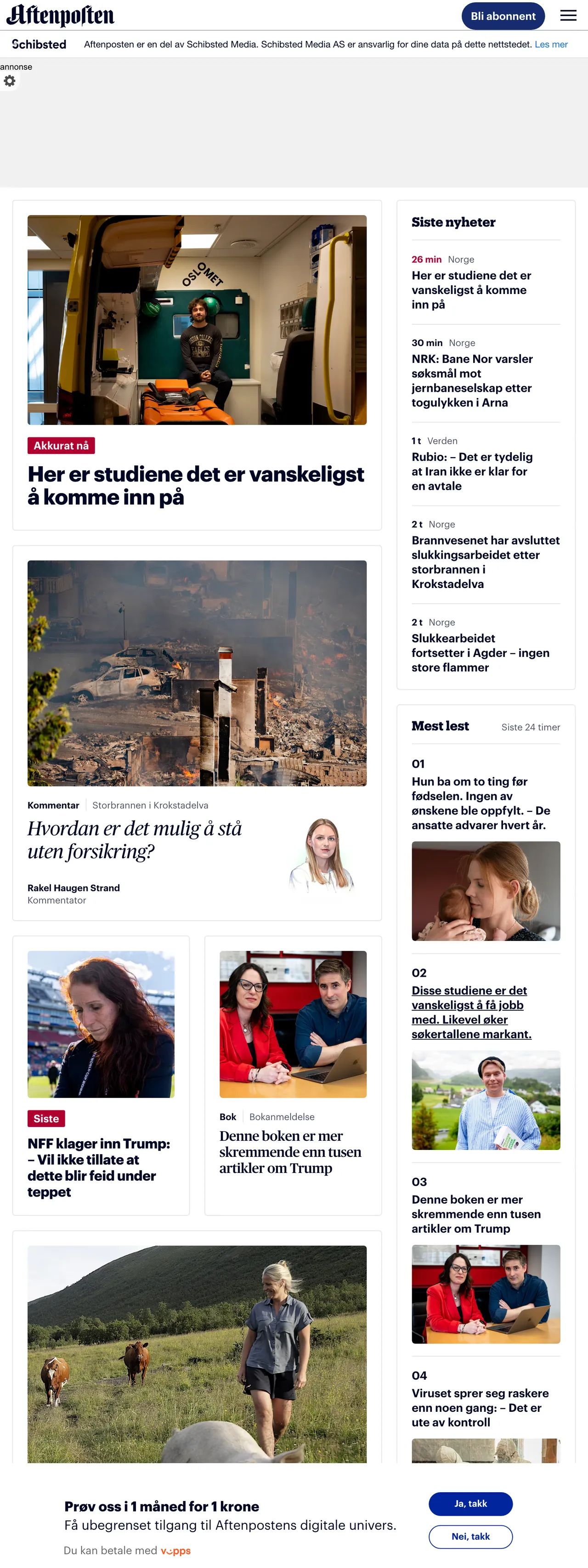 Screenshot of the Aftenposten front page