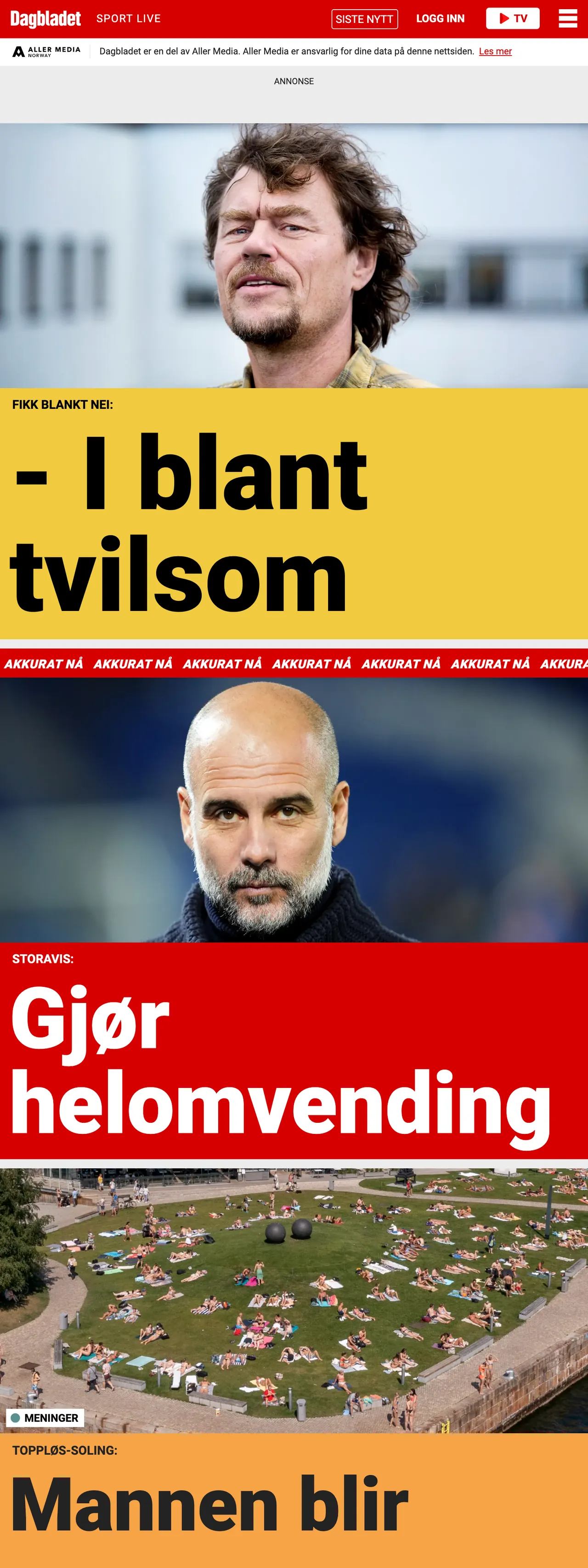 Screenshot of the Dagbladet front page