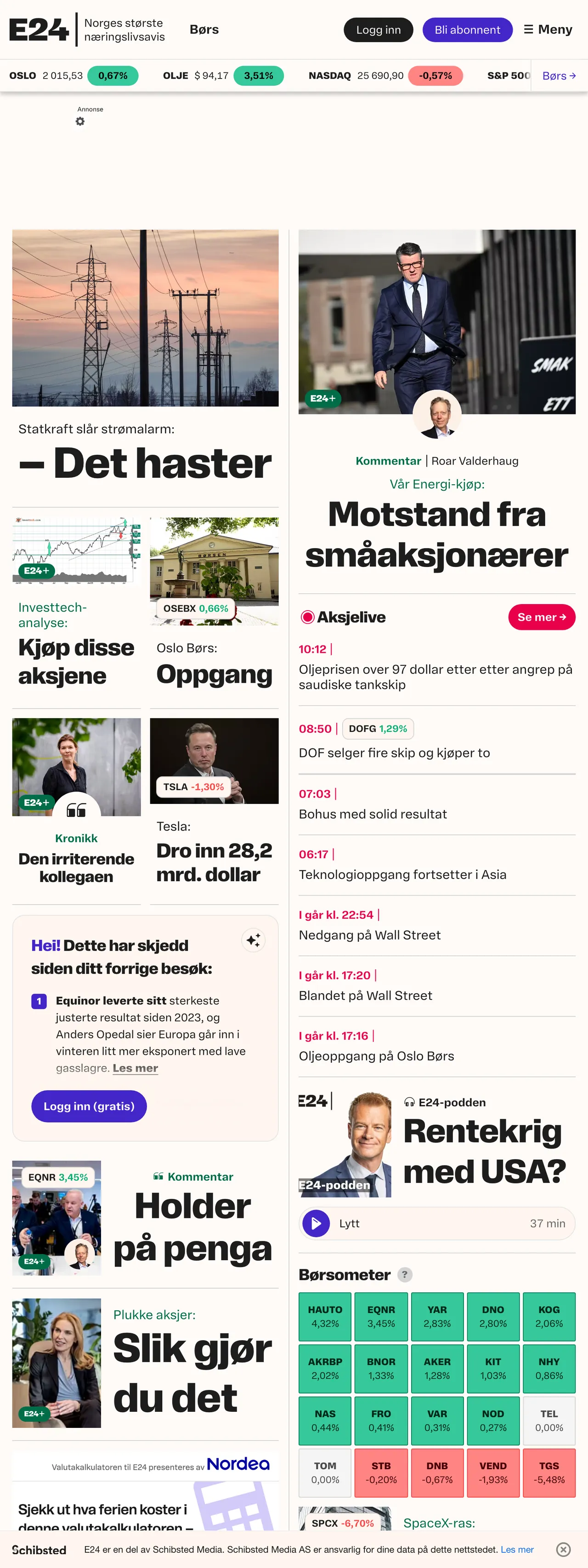 Screenshot of the E24 front page