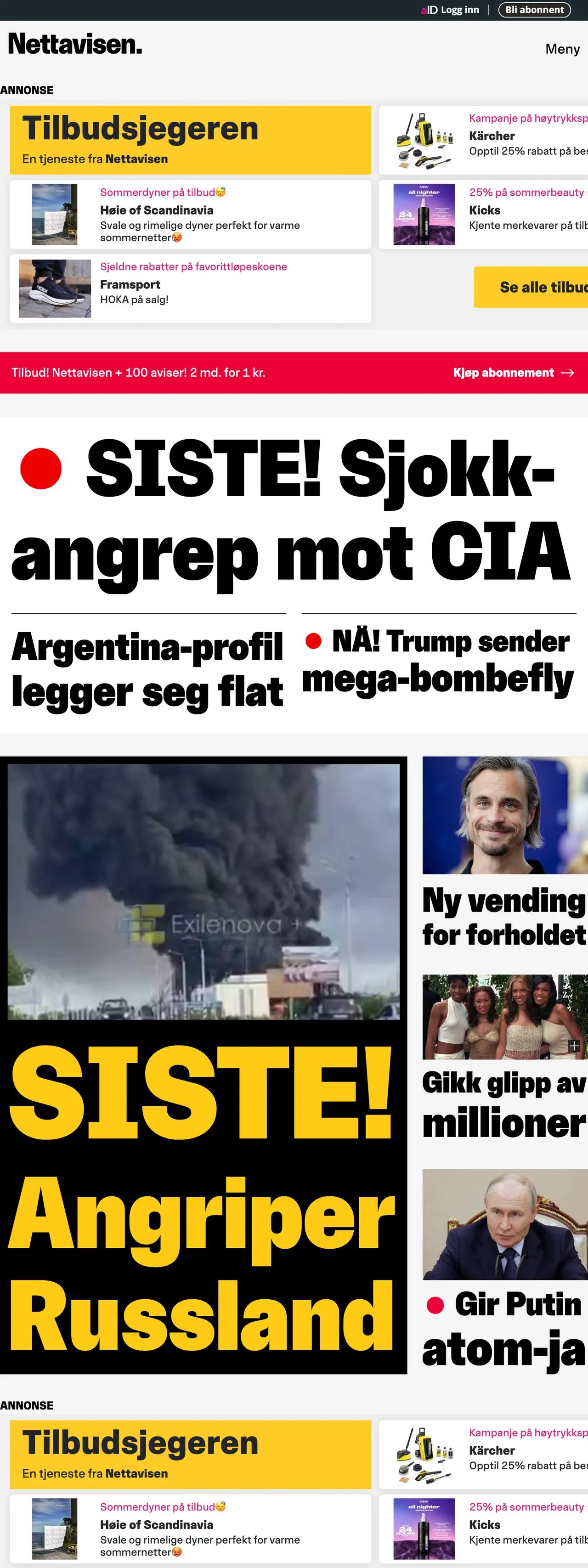 Screenshot of the Nettavisen front page