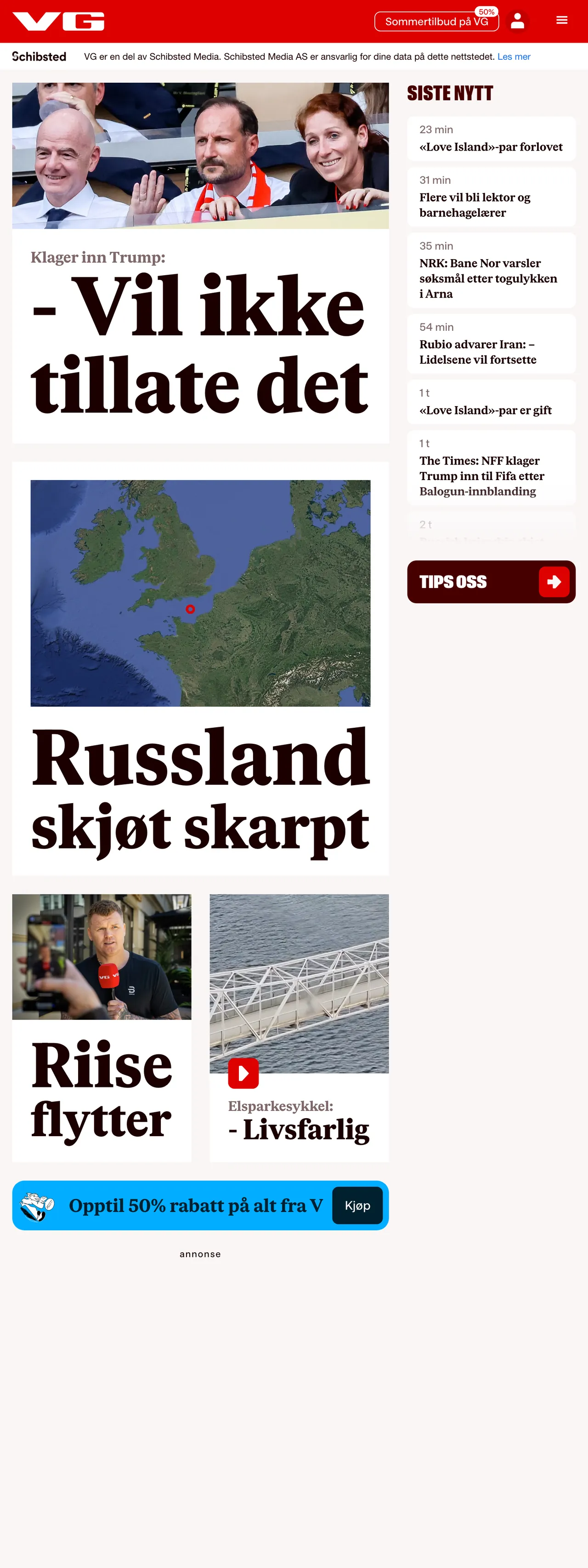 Screenshot of the VG front page