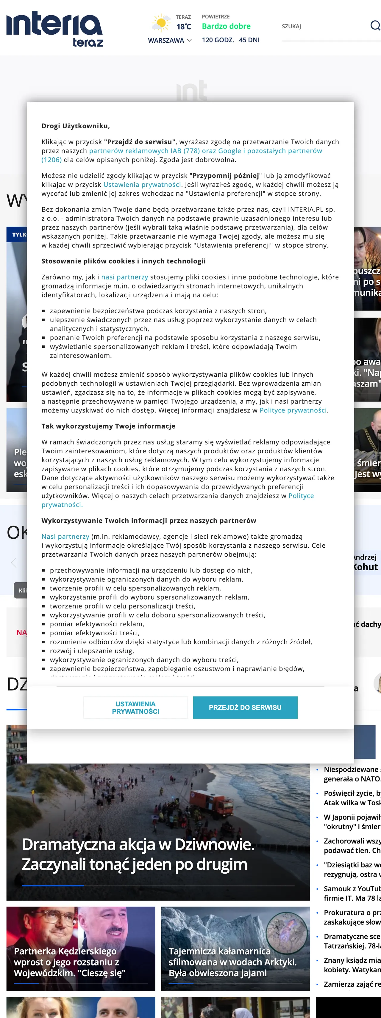 Screenshot of the Interia front page