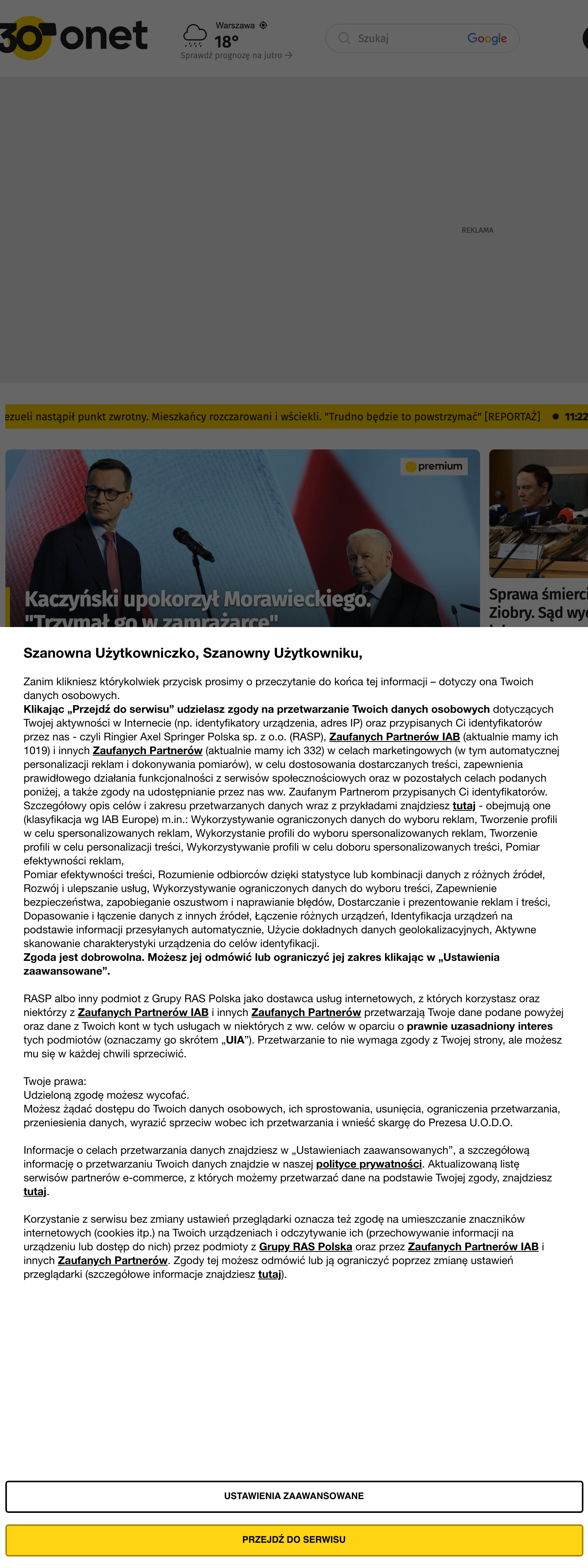Screenshot of the Onet front page