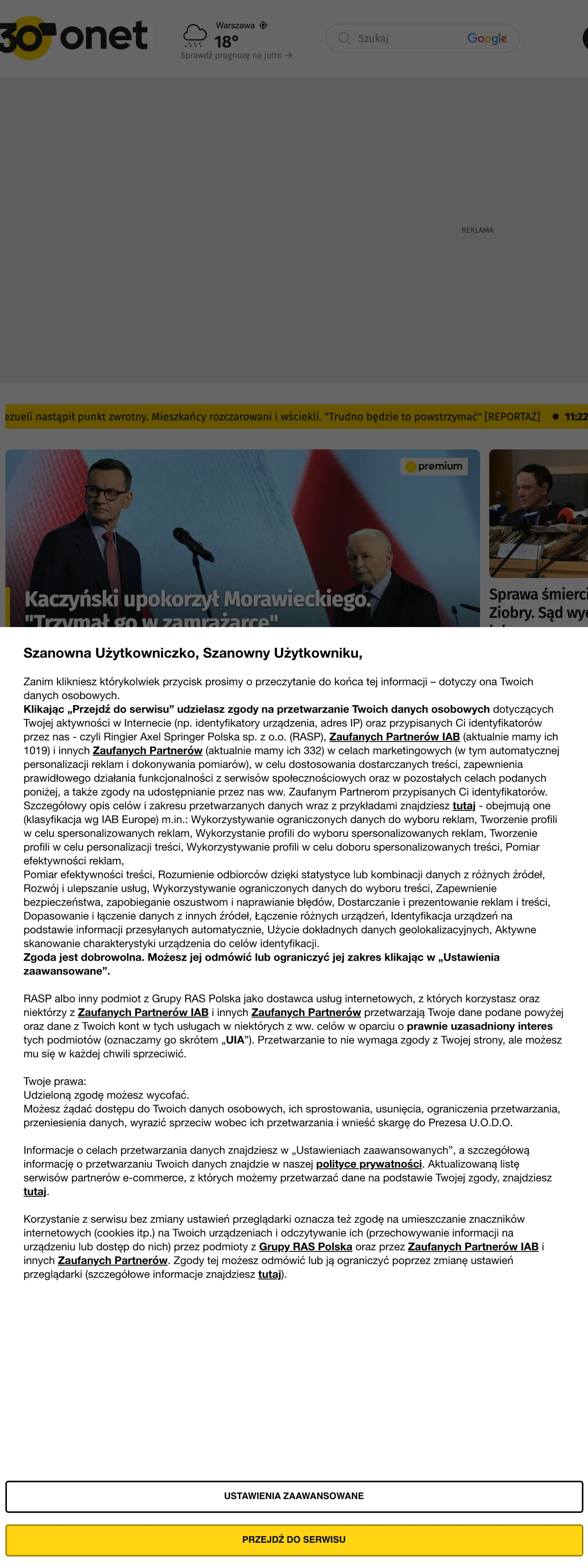 Screenshot of the Onet front page