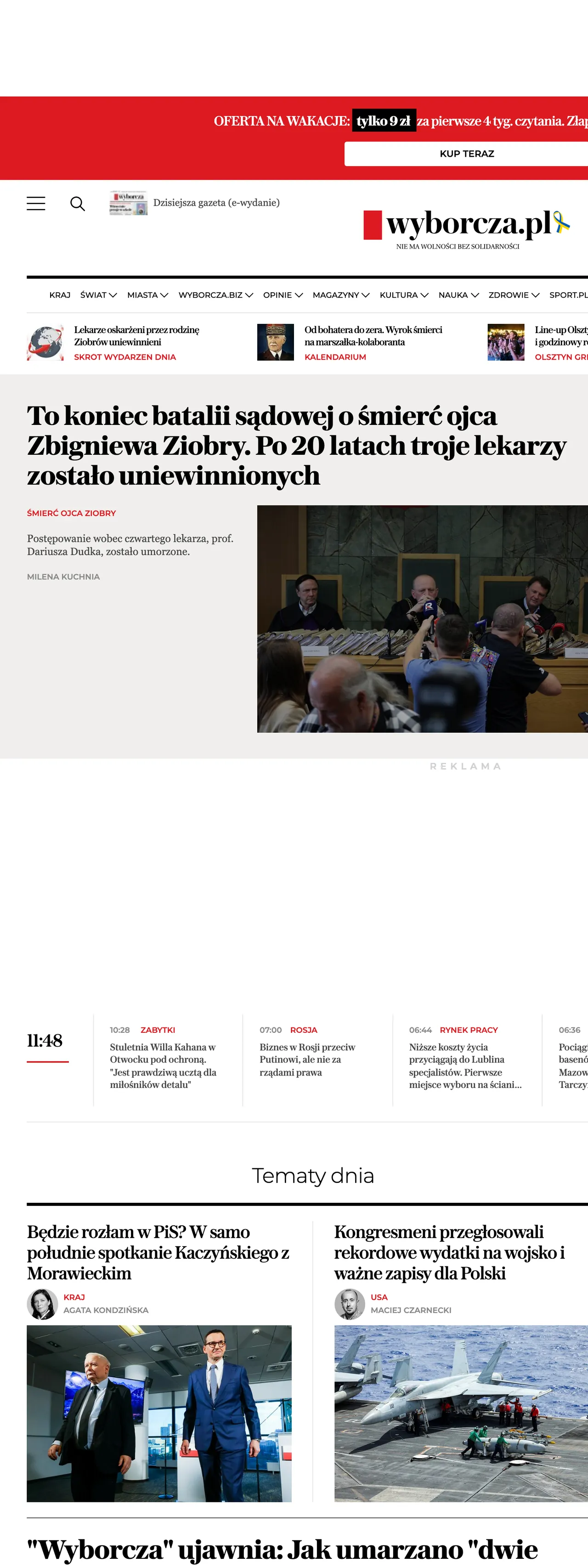 Screenshot of the Wyborcza front page