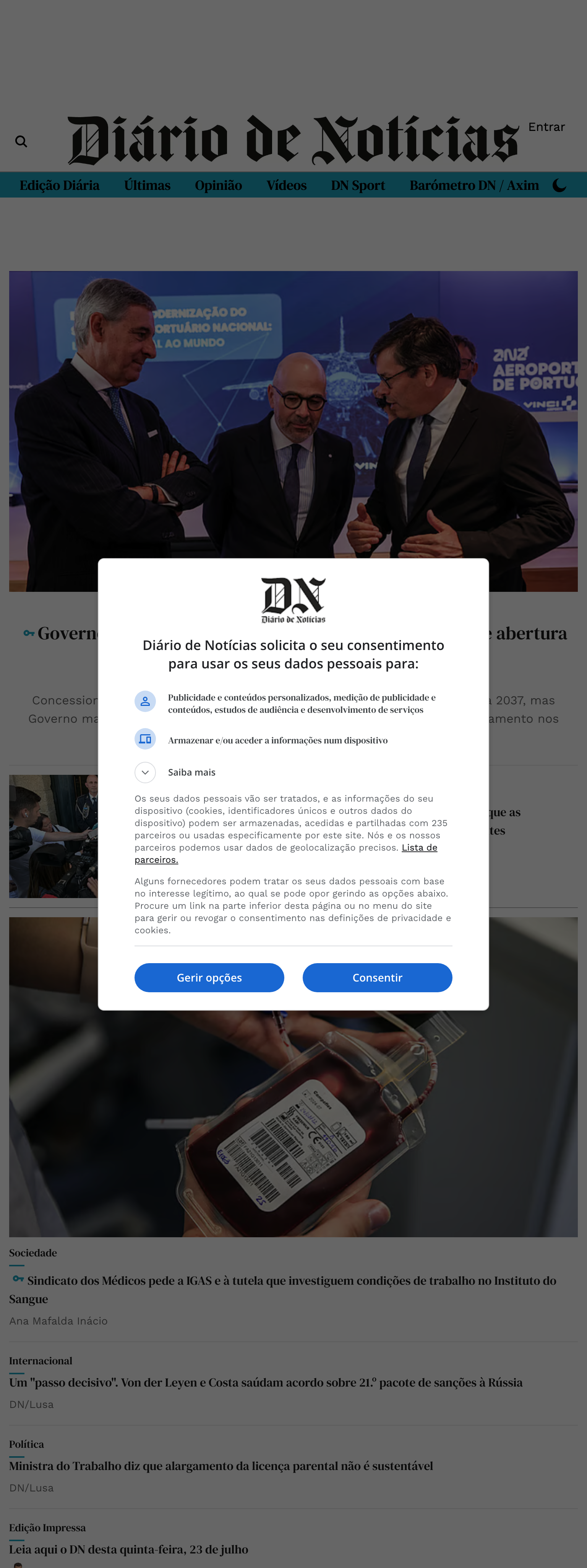 Screenshot of the Diário de Notícias front page