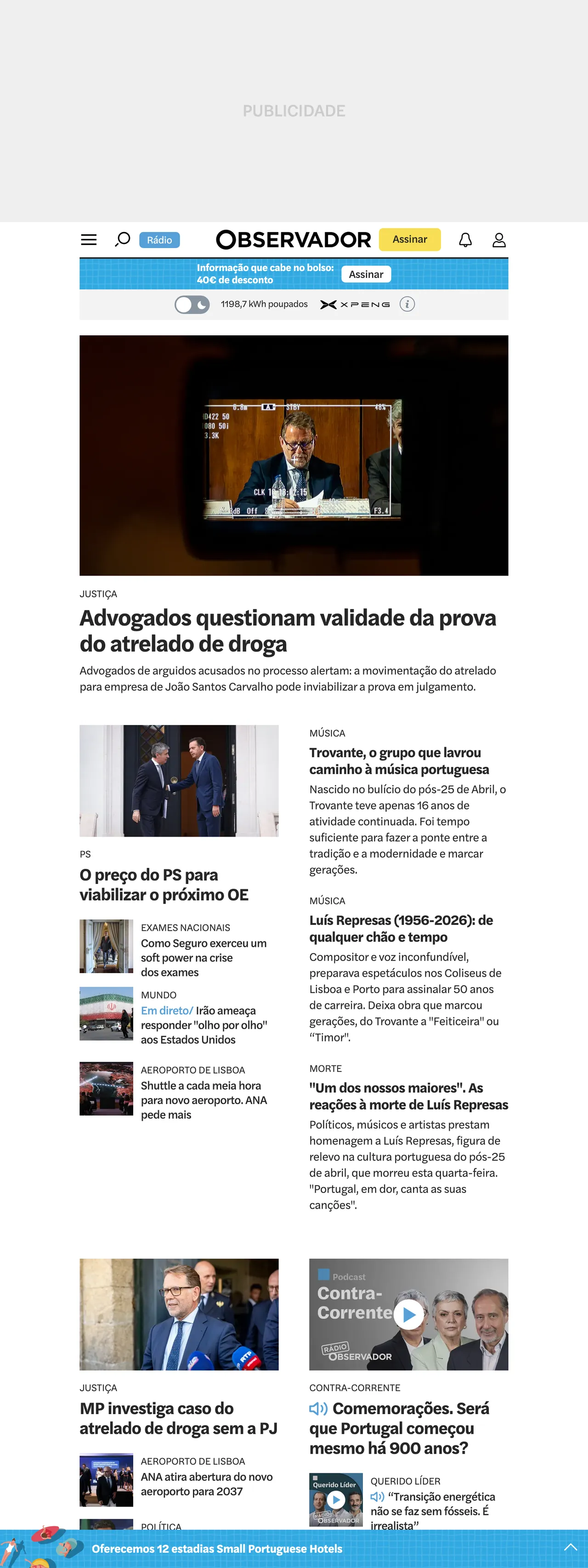 Screenshot of the Observador front page
