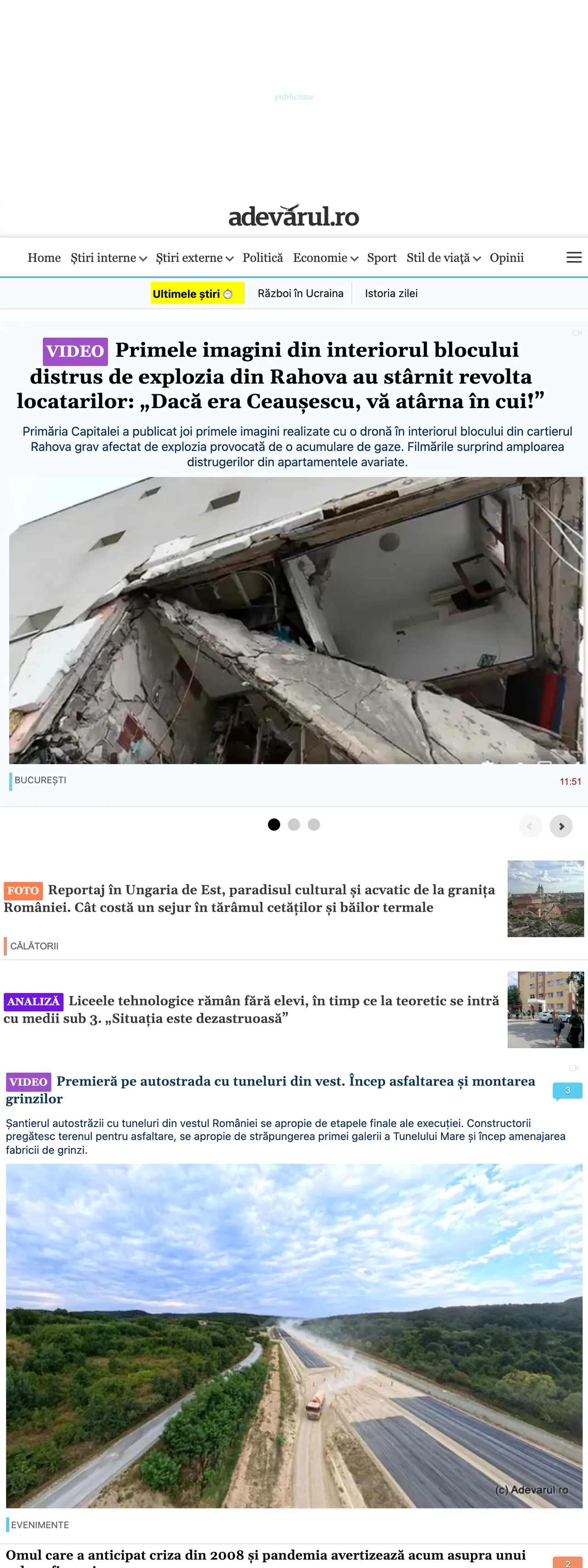 Screenshot of the Adevărul front page