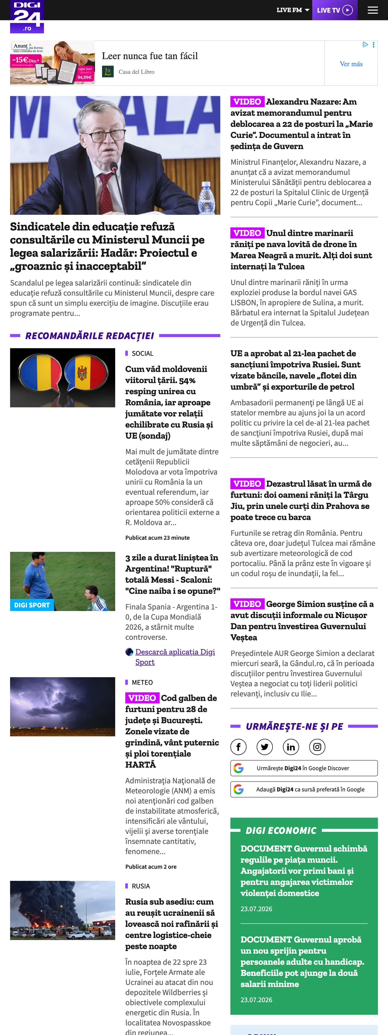 Screenshot of the Digi24 front page