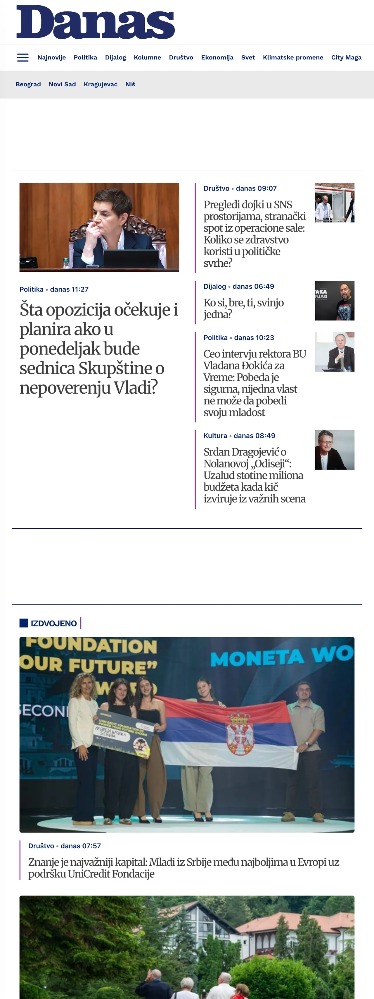Screenshot of the Danas front page