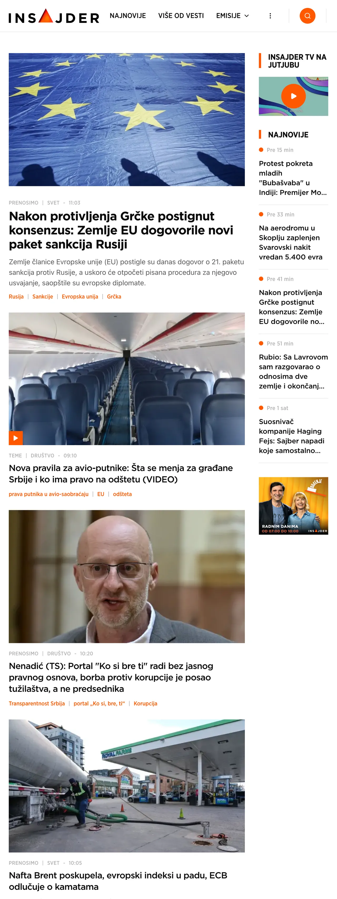 Screenshot of the Insajder front page