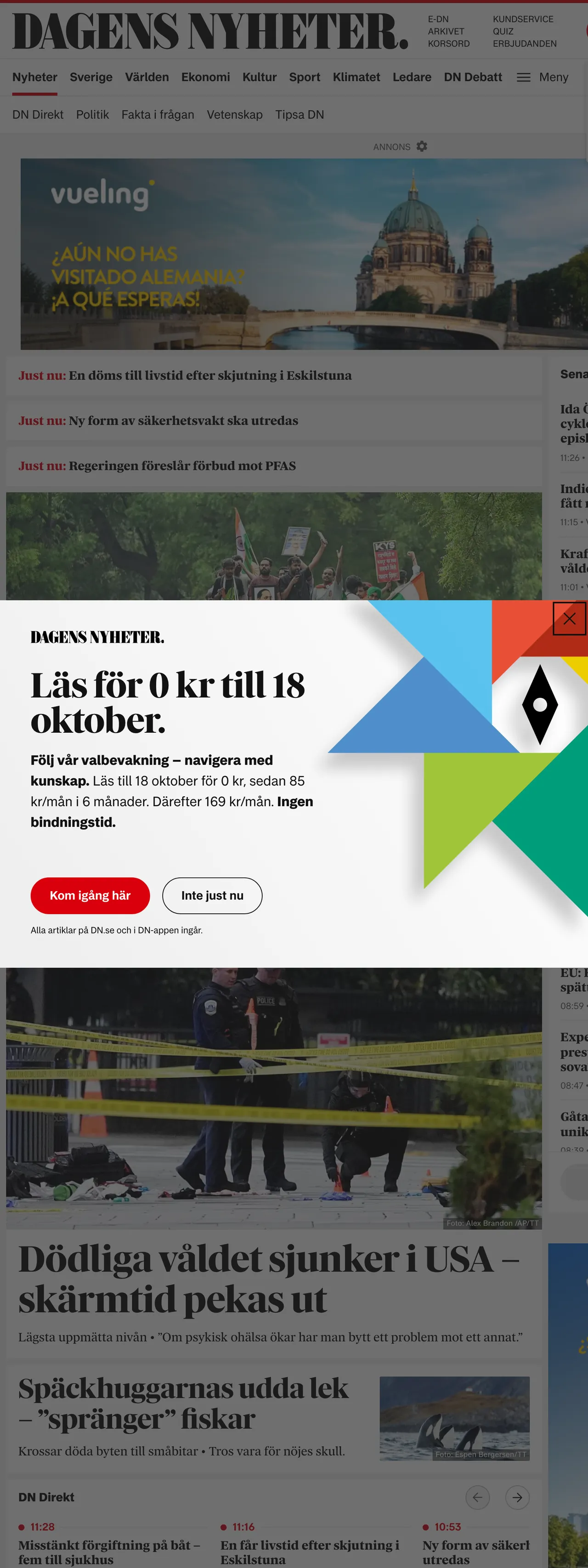 Screenshot of the Dagens Nyheter front page