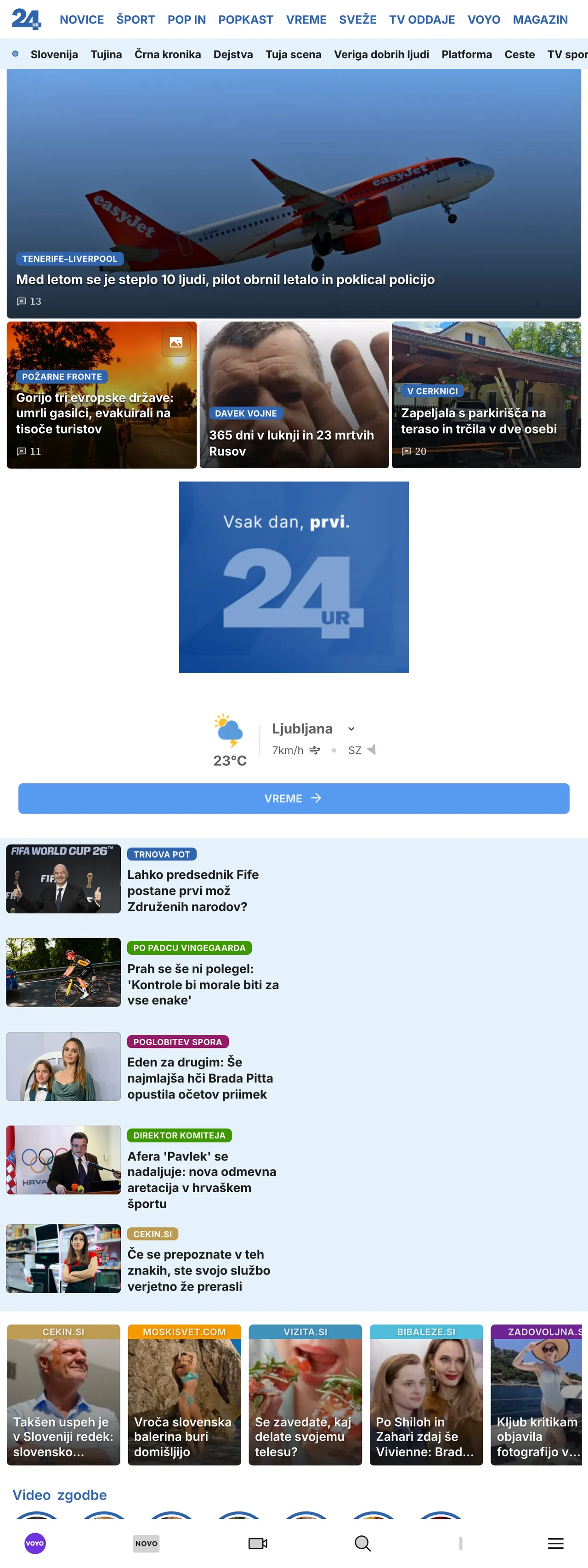 Screenshot of the 24ur front page