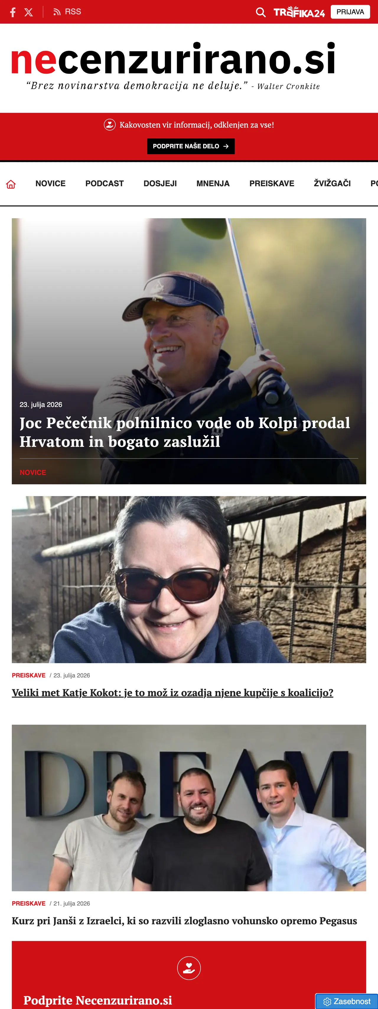 Screenshot of the Necenzurirano front page