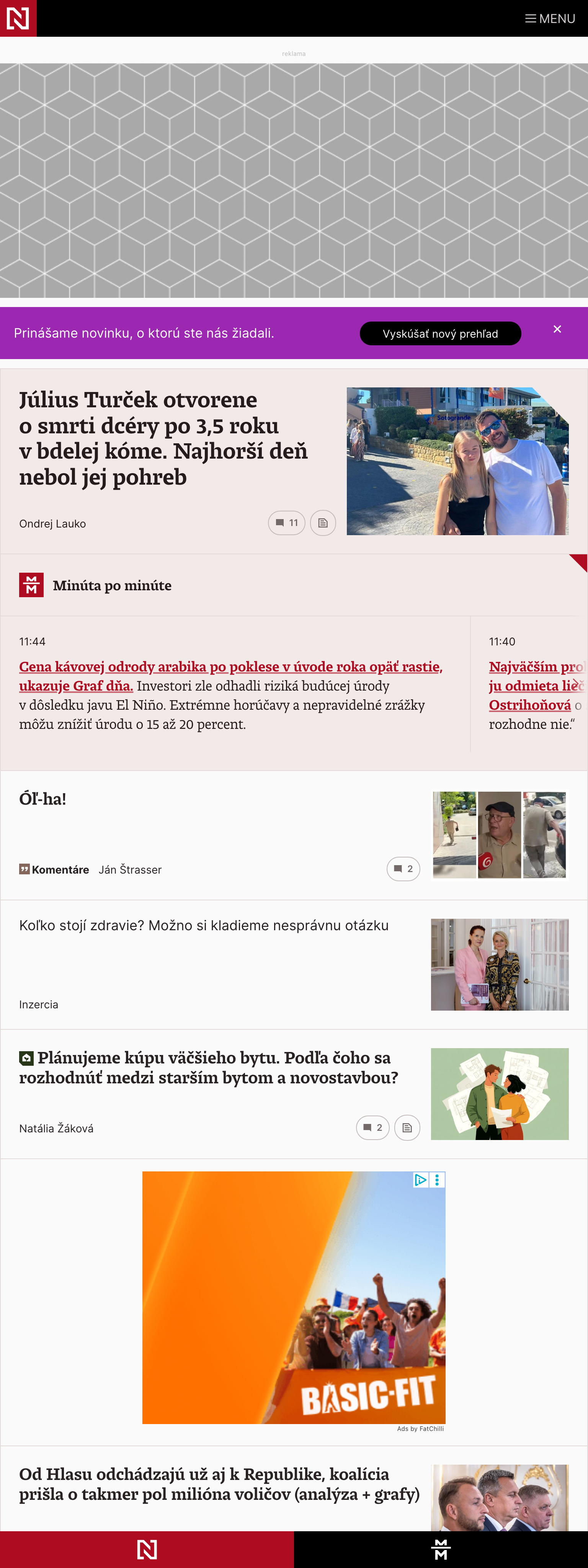 Screenshot of the Denník N front page