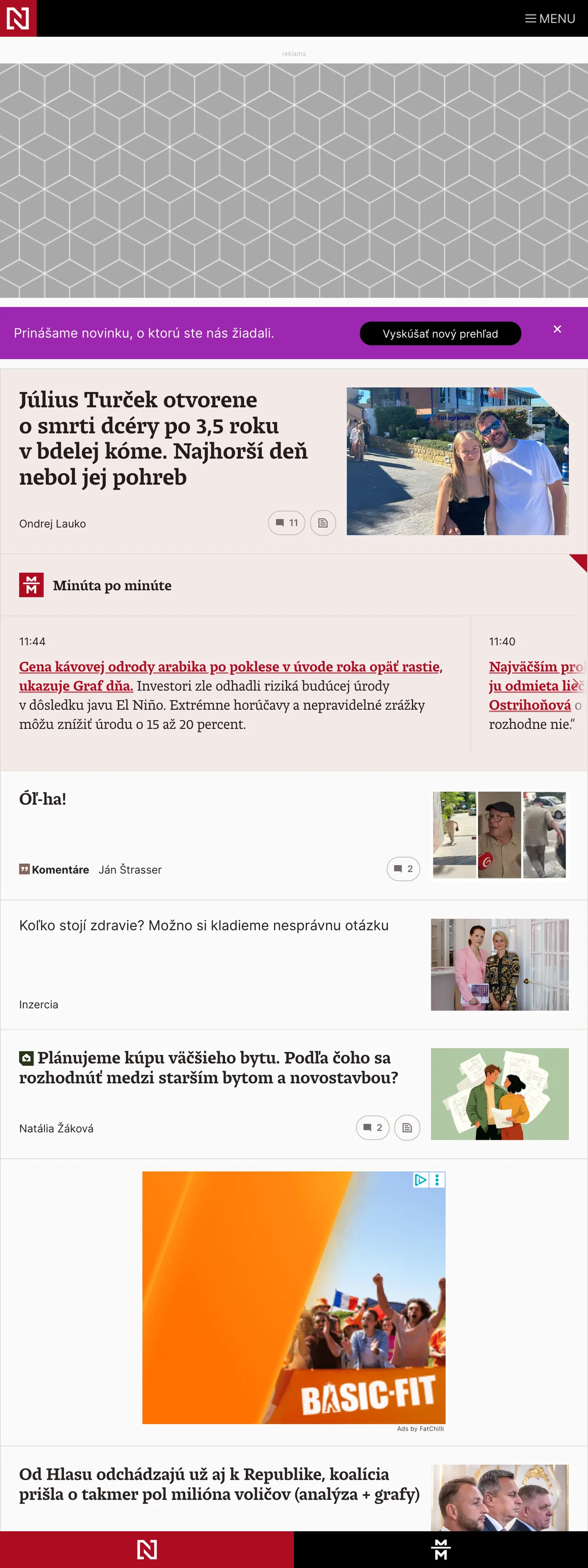 Screenshot of the Denník N front page