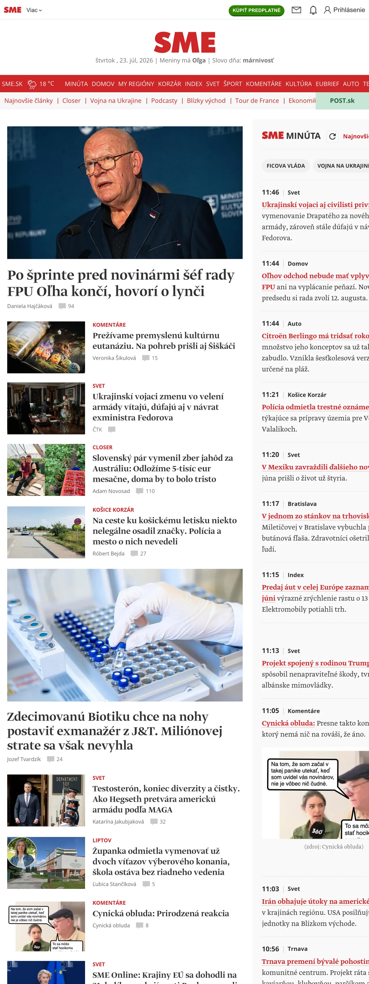 Screenshot of the SME front page