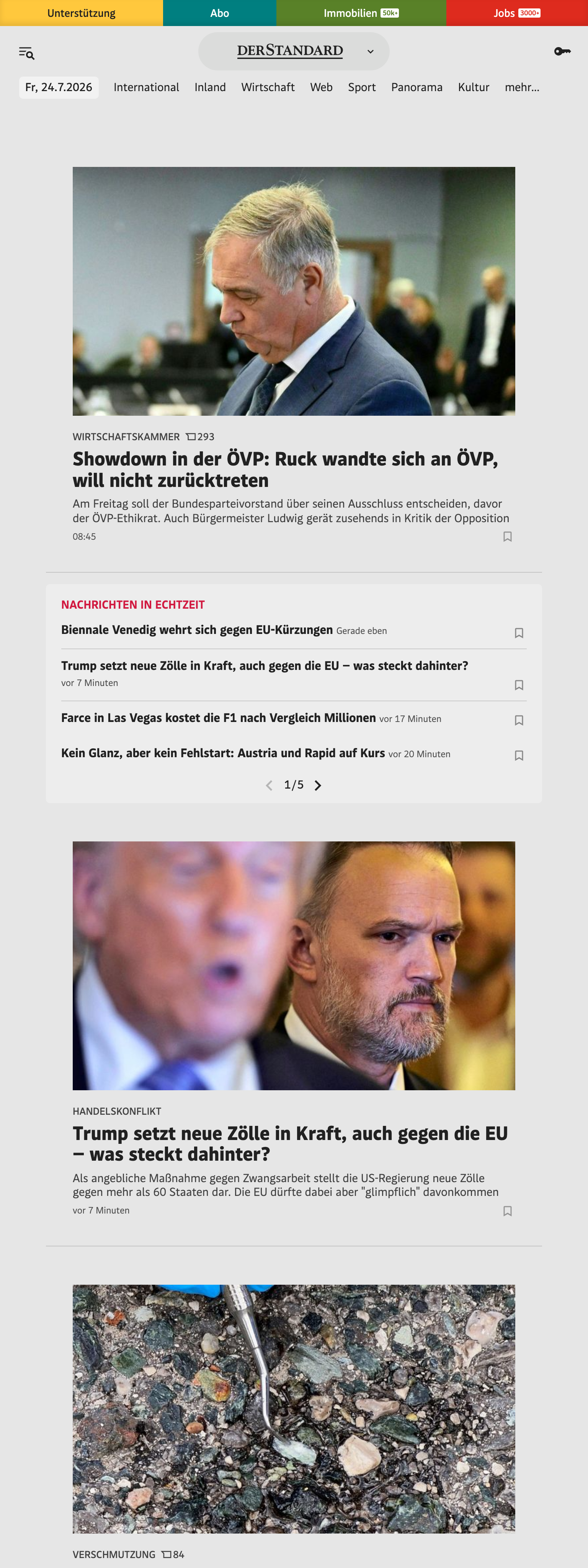 Screenshot of the DER STANDARD front page