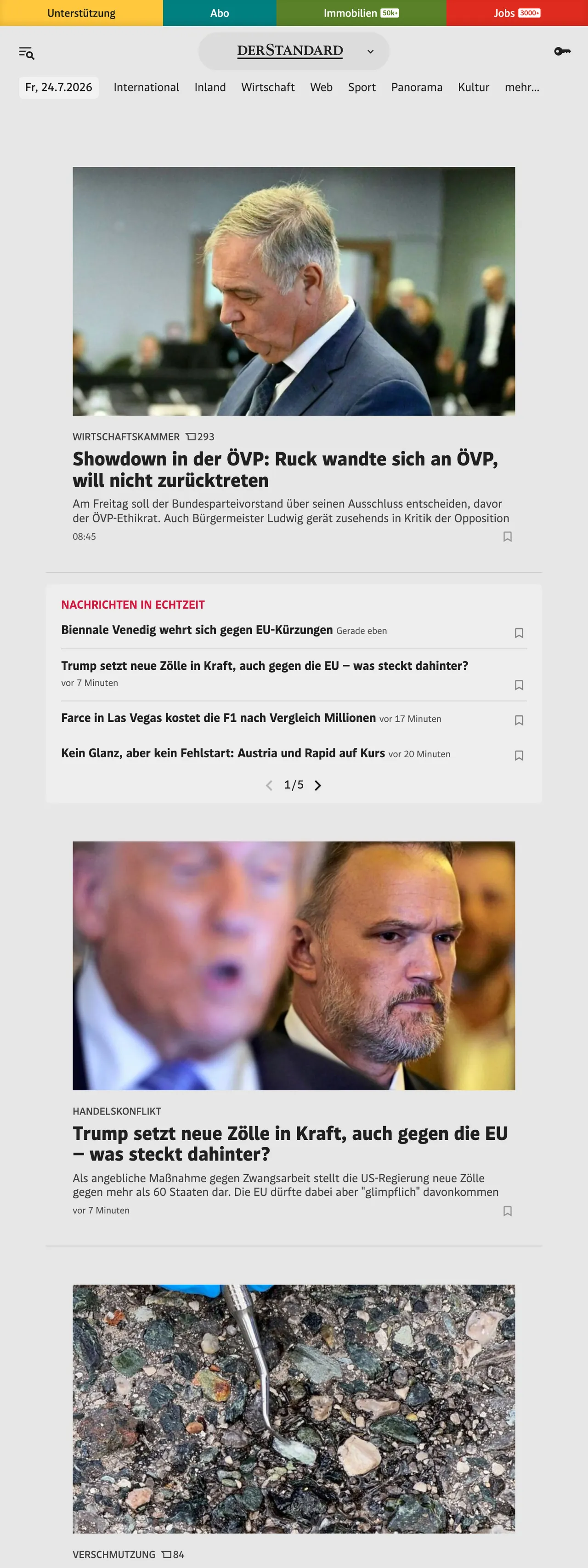 Screenshot of the DER STANDARD front page
