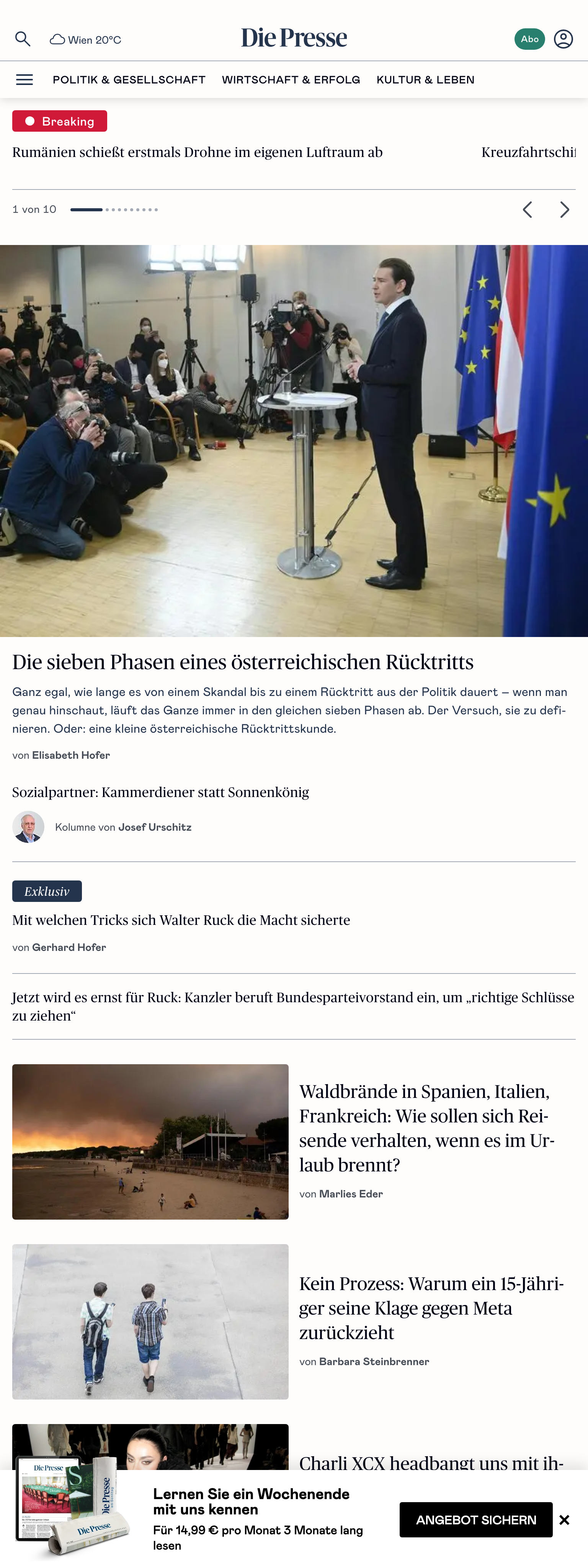 Screenshot of the Die Presse front page