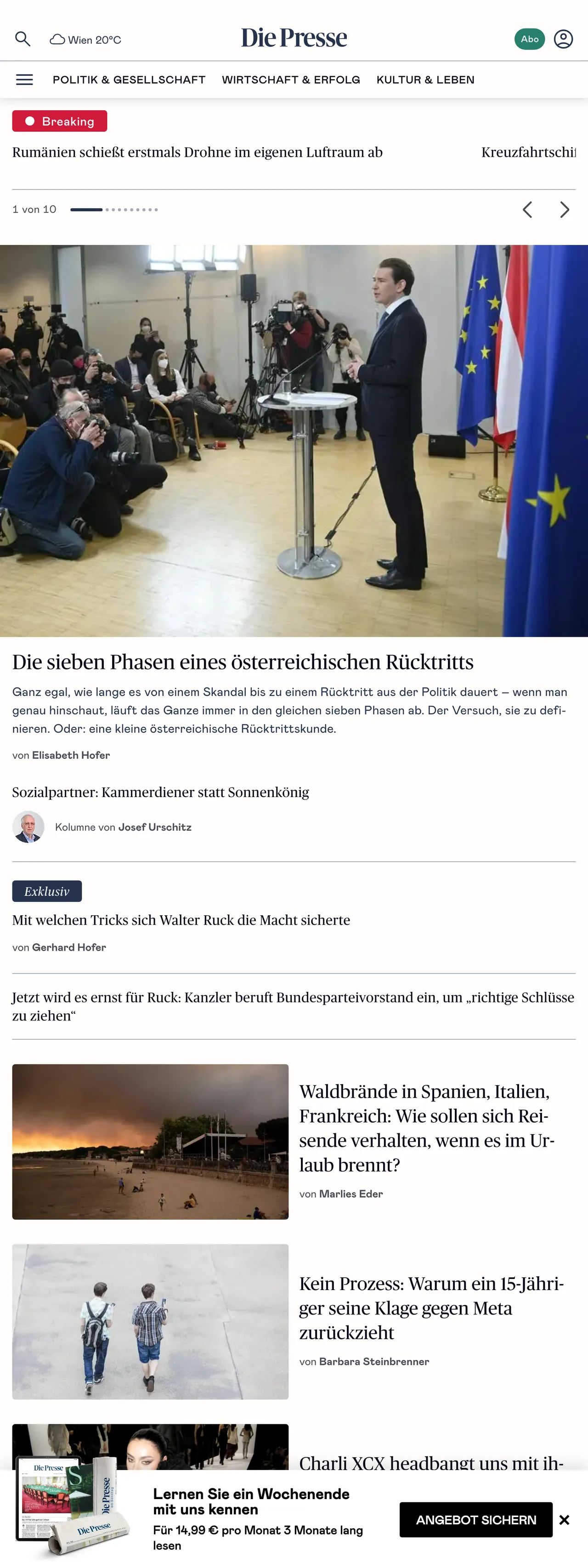 Screenshot of the Die Presse front page