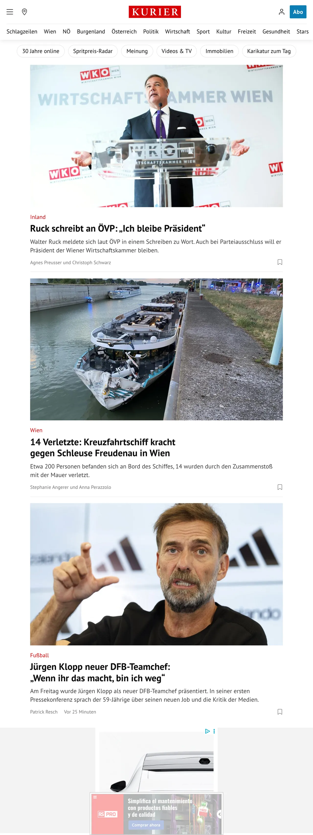 Screenshot of the Kurier front page