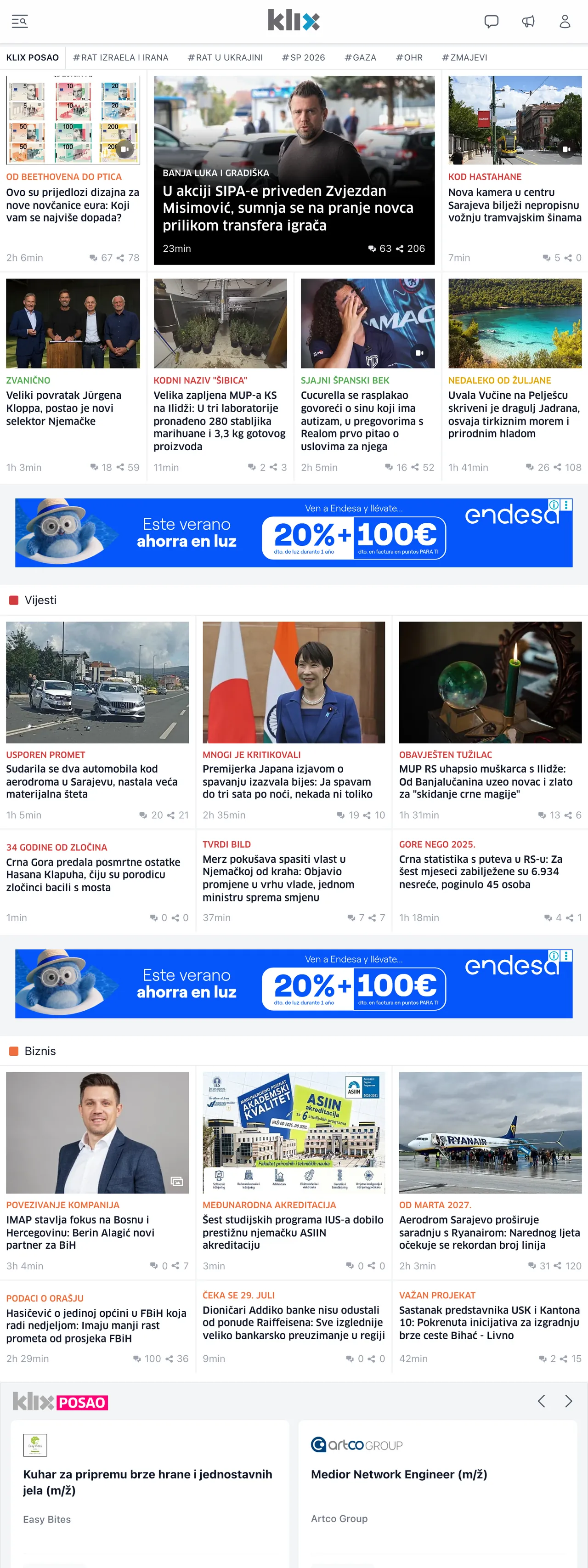 Screenshot of the Klix.ba front page