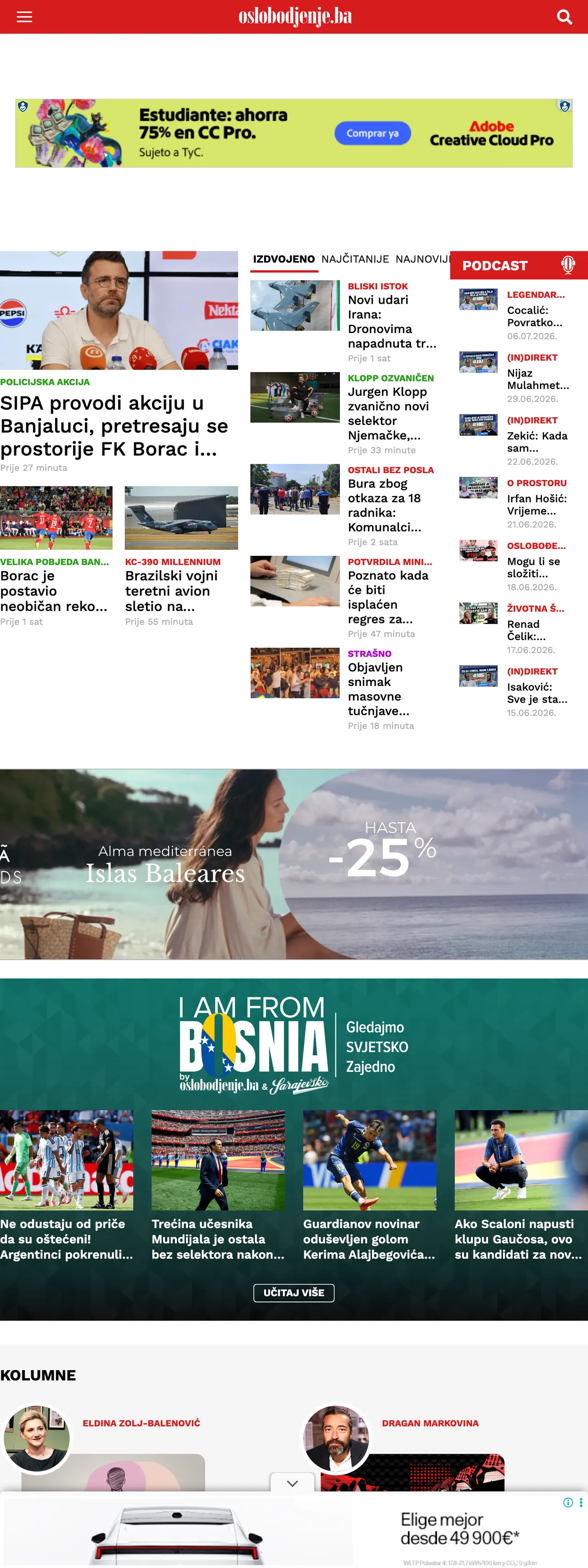 Screenshot of the Oslobođenje front page