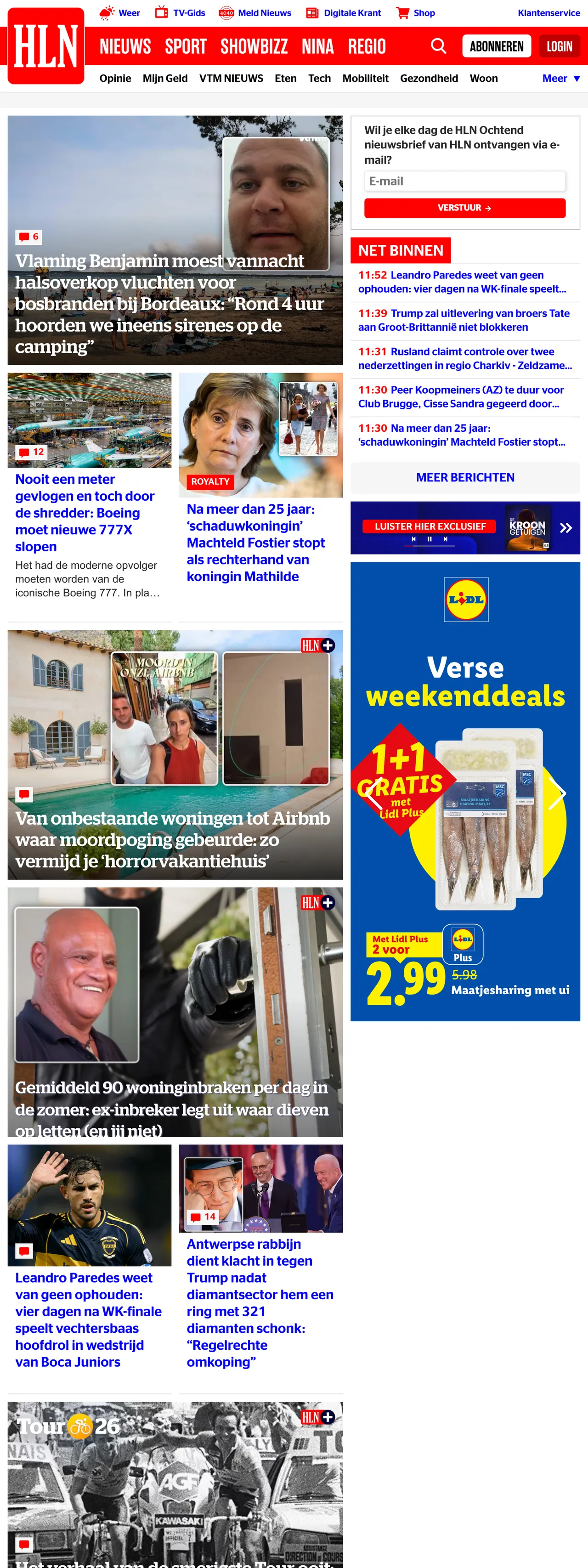 Screenshot of the HLN front page