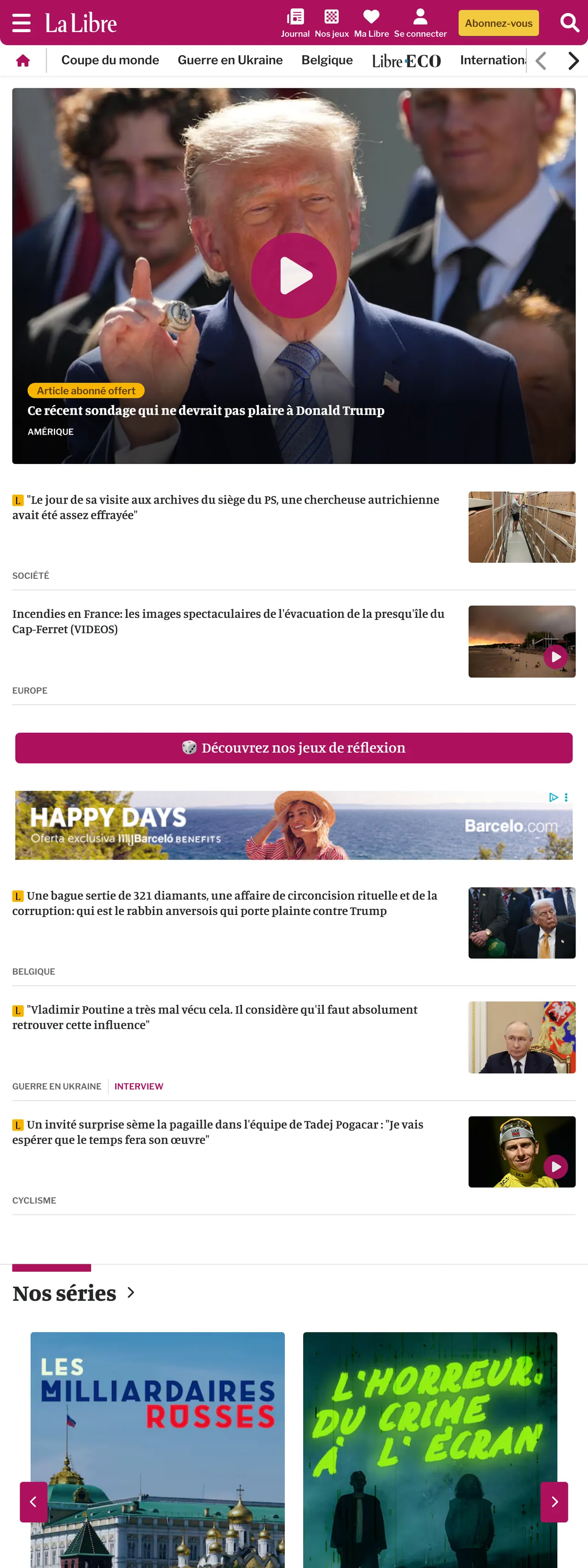 Screenshot of the La Libre front page
