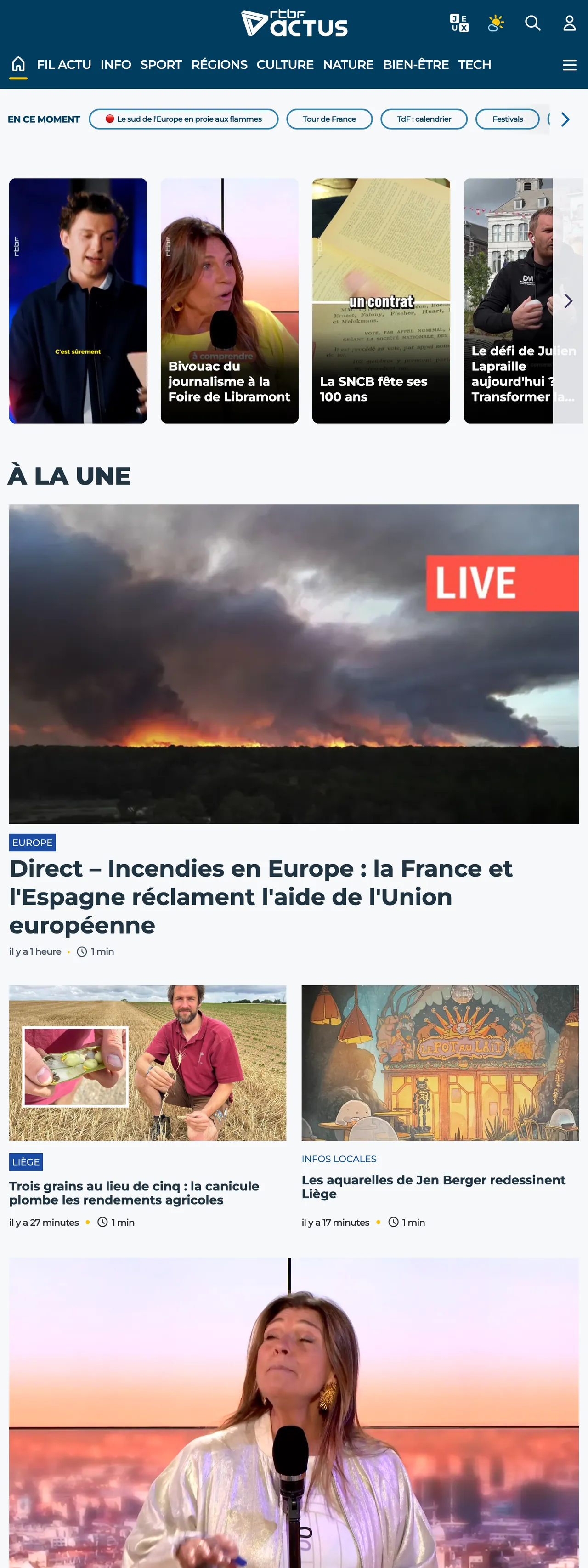 Screenshot of the RTBF front page