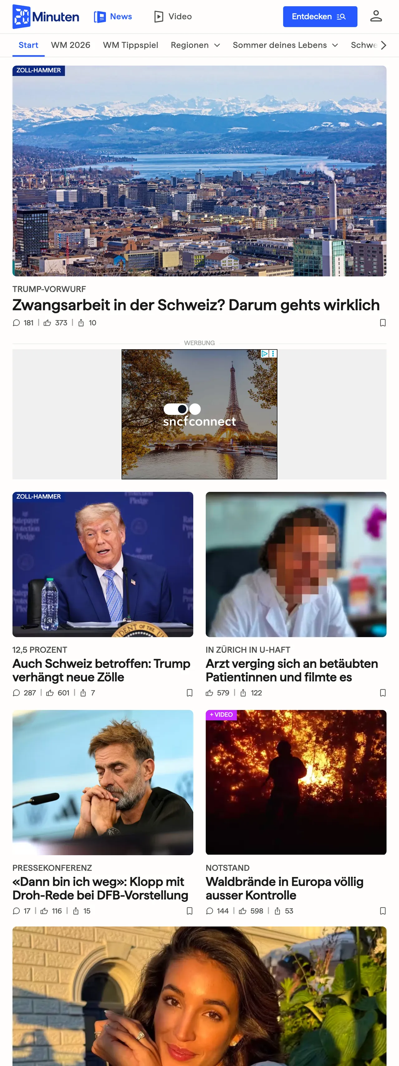 Screenshot of the 20 Minuten front page